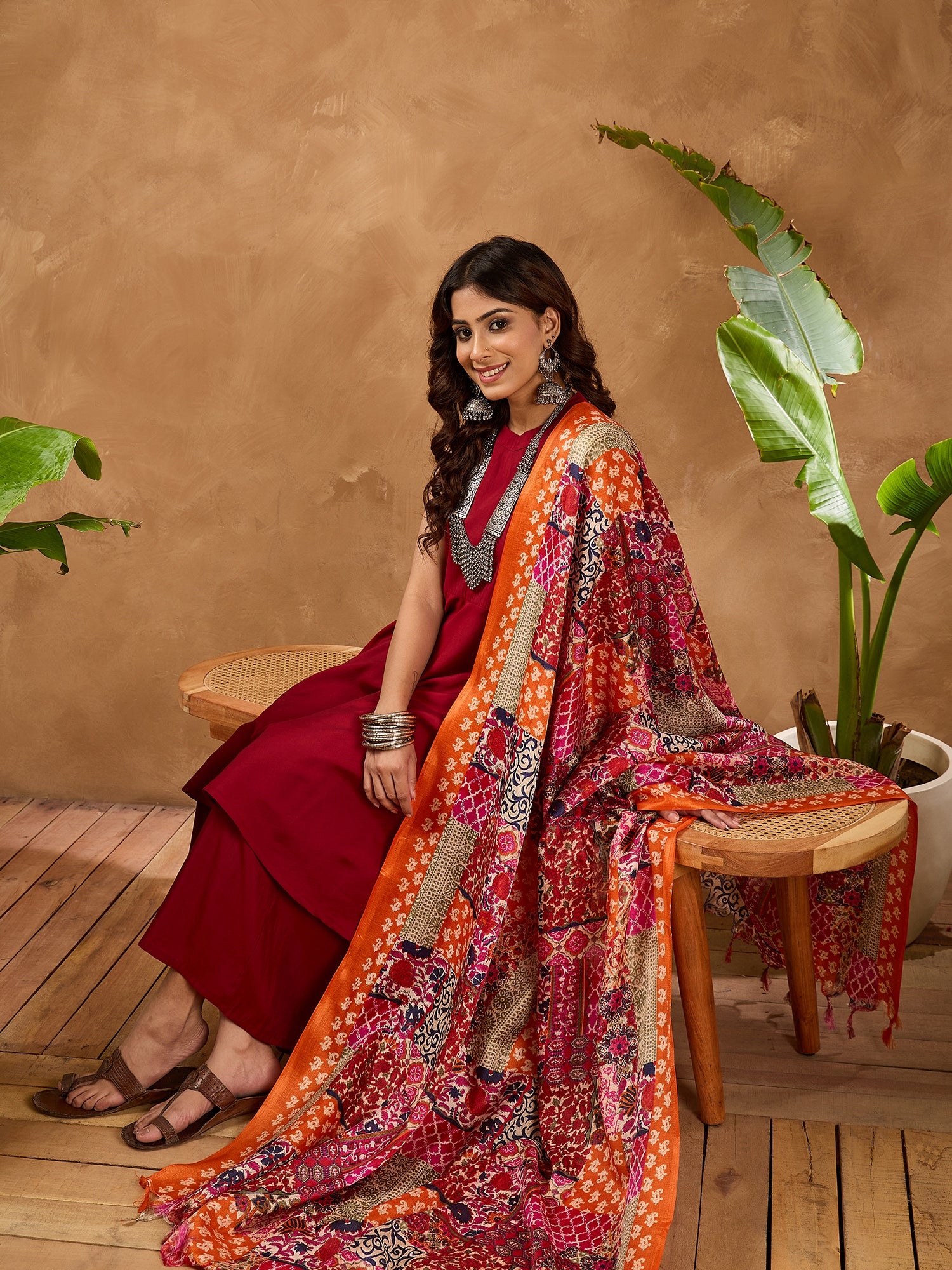 Barn Red Silk Boho Orange Multi Kurta Set