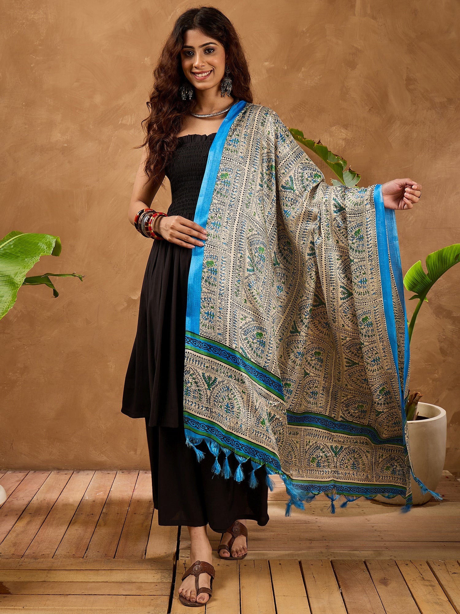 Black Silk Offshoulder Blue Madhubani Kurta Set