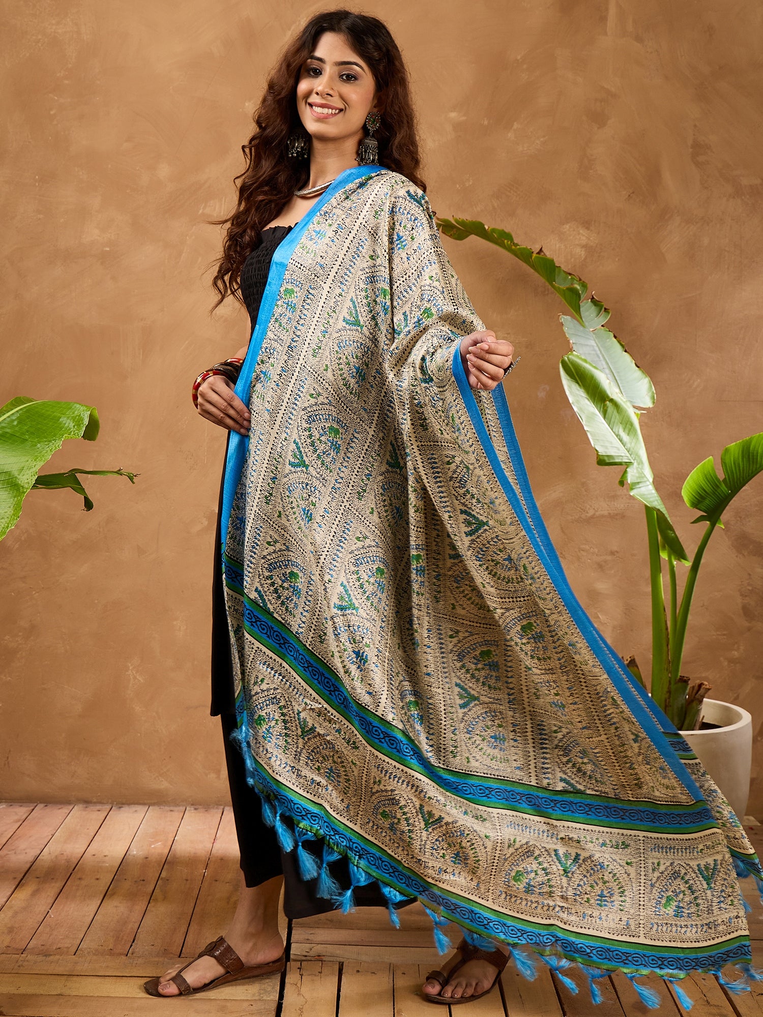 Black Silk Offshoulder Blue Madhubani Kurta Set