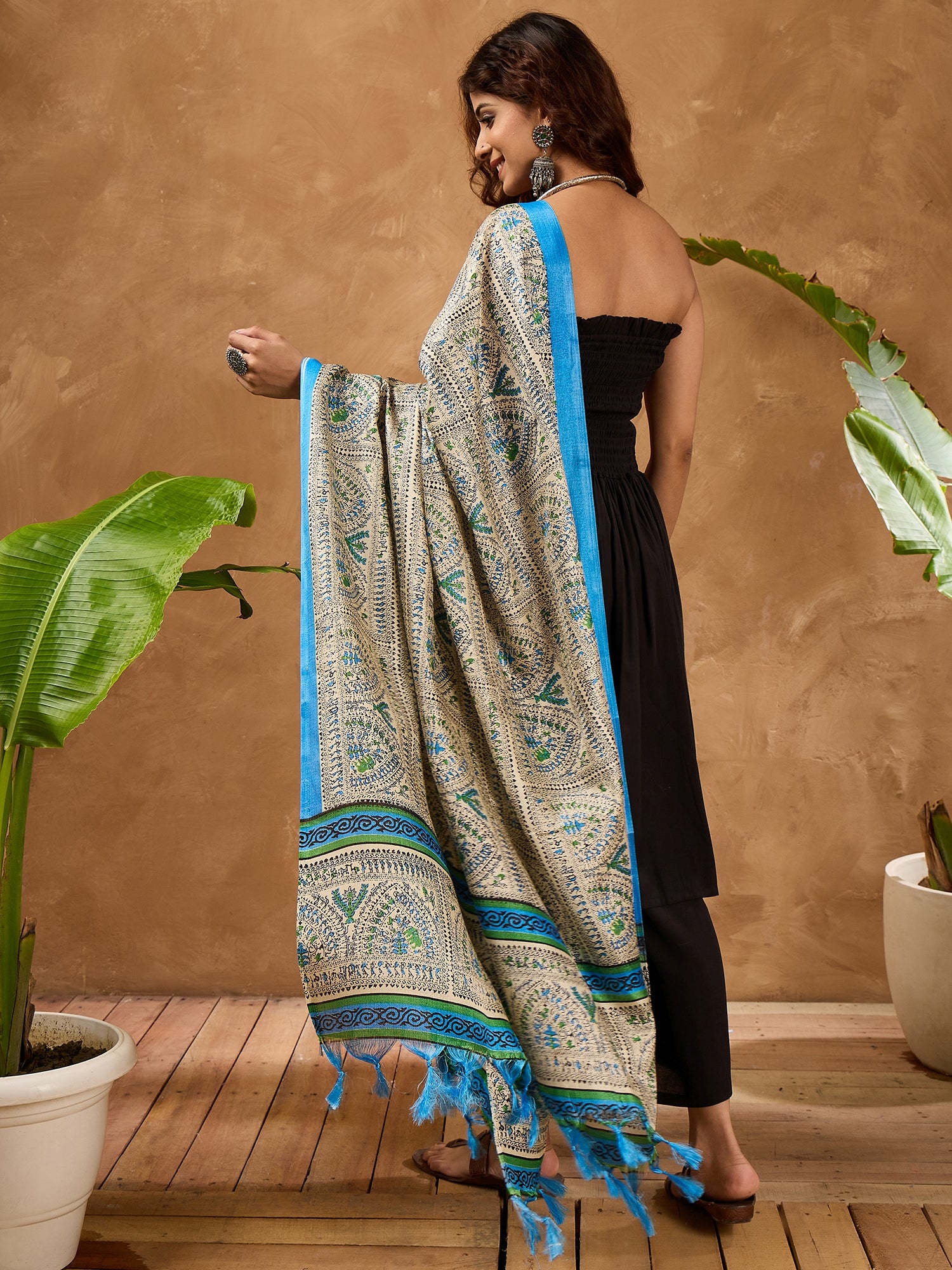 Black Silk Offshoulder Blue Madhubani Kurta Set