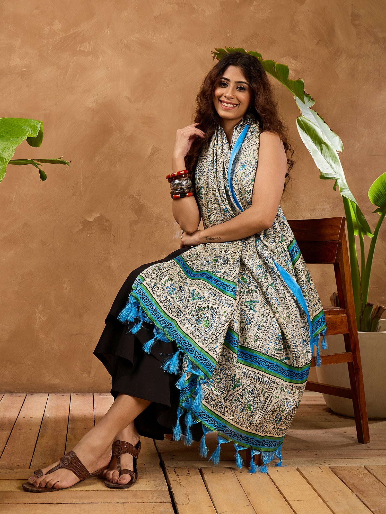 Black Silk Offshoulder Blue Madhubani Kurta Set