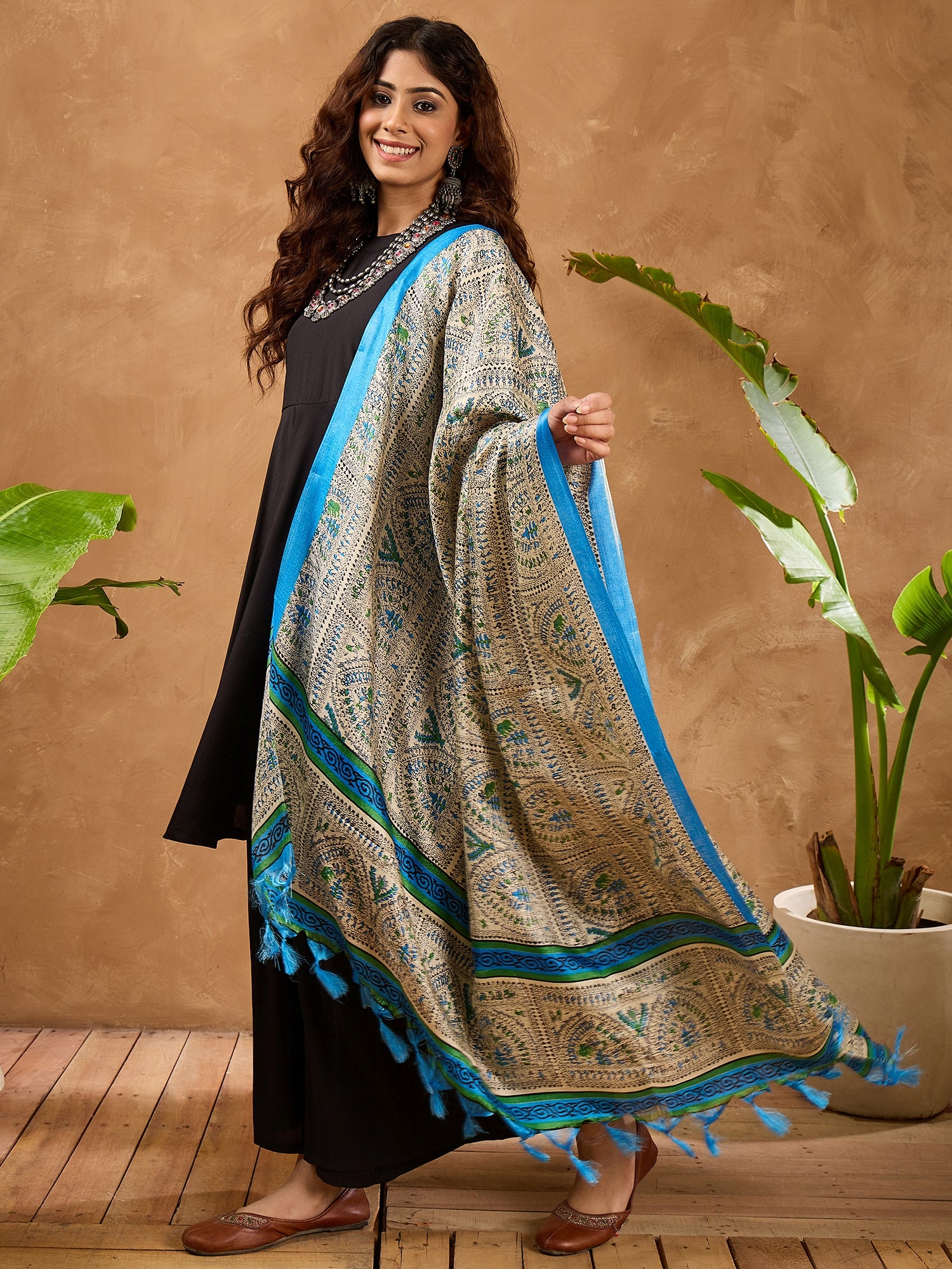 Black Silk Boho Blue Madhubani Kurta Set Kurta Set