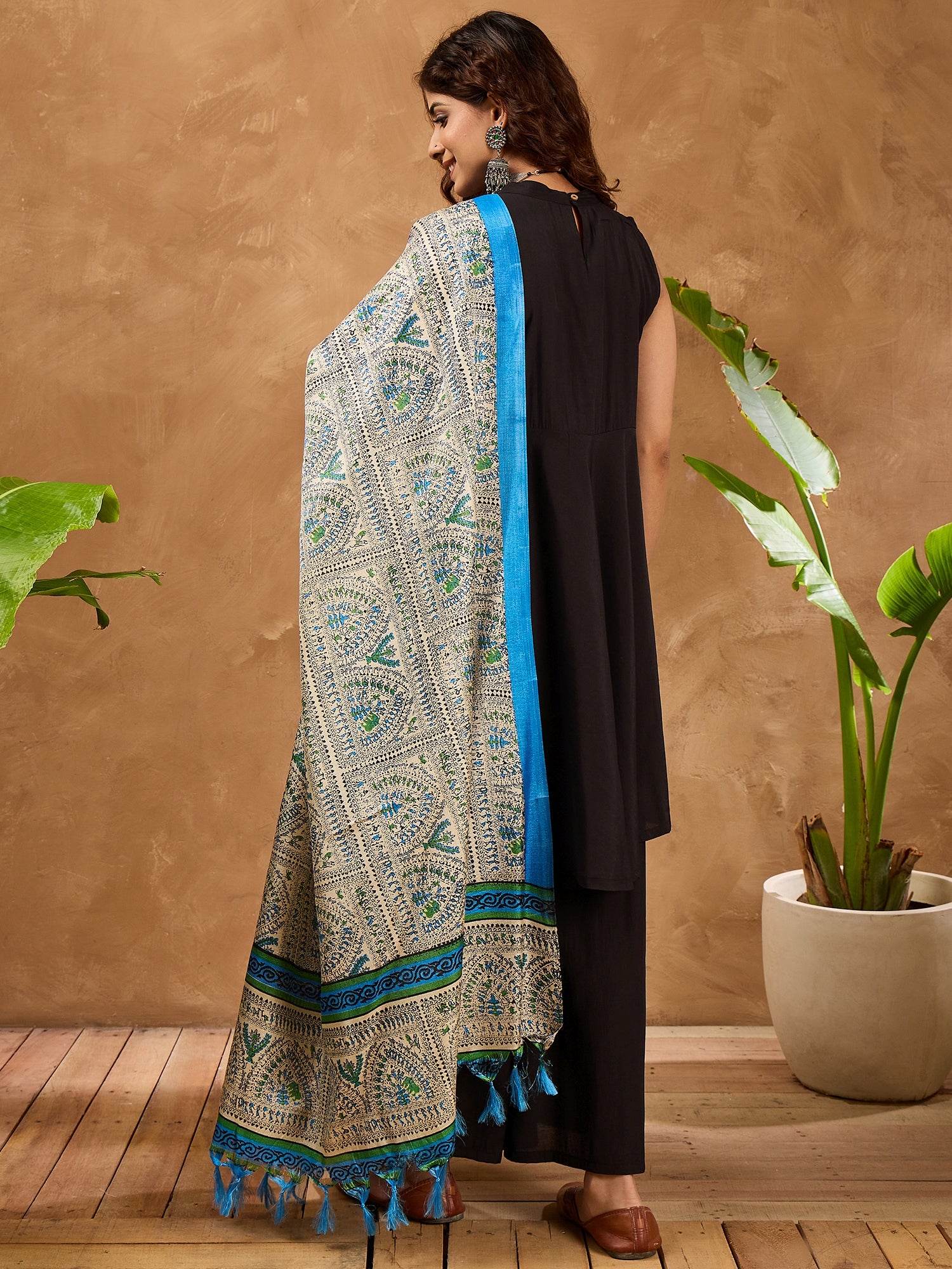 Black Silk Boho Blue Madhubani Kurta Set Kurta Set