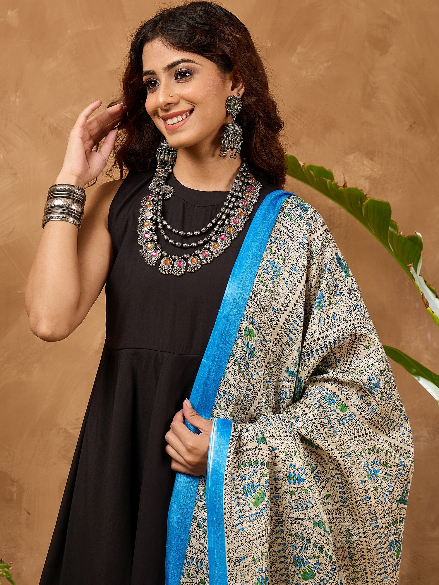 Black Silk Boho Blue Madhubani Kurta Set Kurta Set