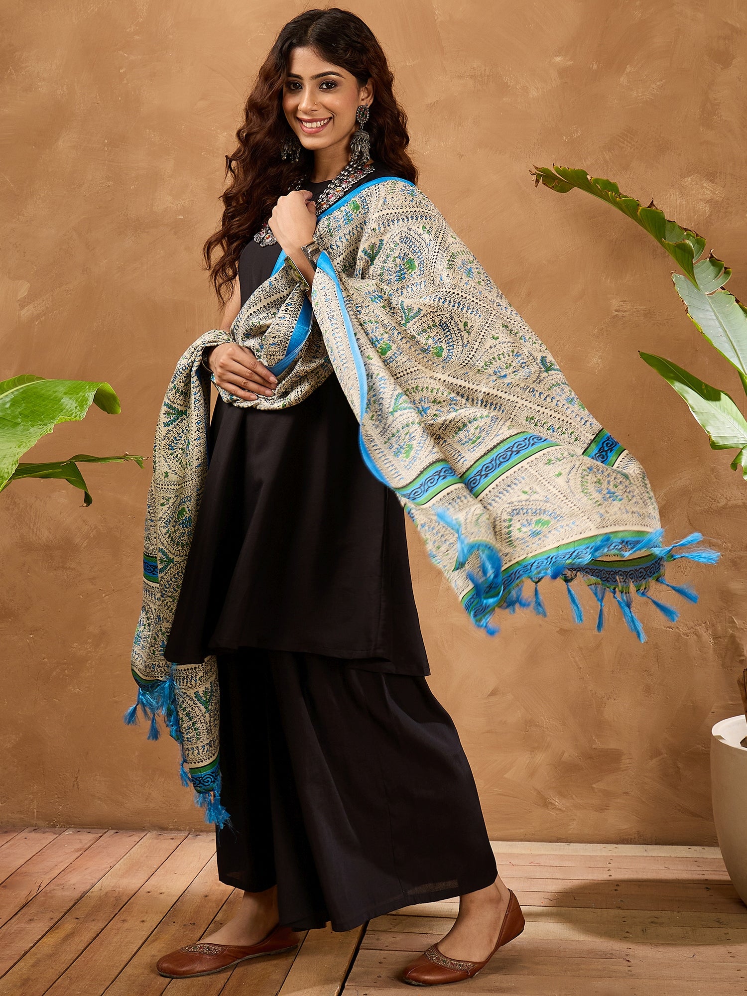 Black Silk Boho Blue Madhubani Kurta Set Kurta Set