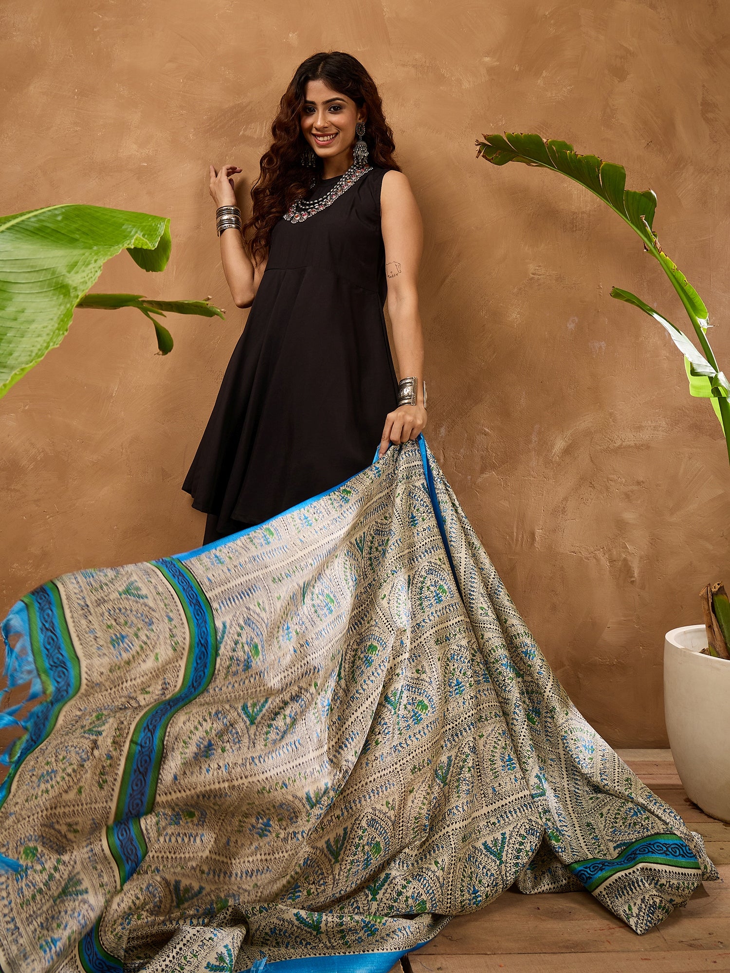 Black Silk Boho Blue Madhubani Kurta Set Kurta Set