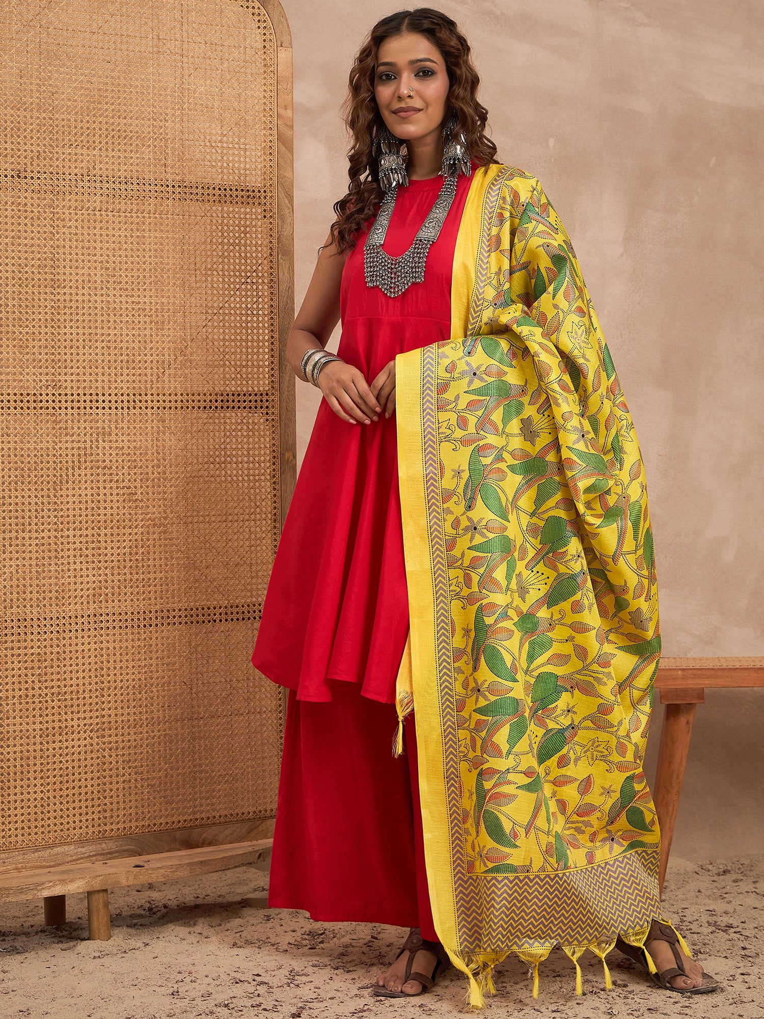 Red Silk Boho Yellow Bird Kurta Set