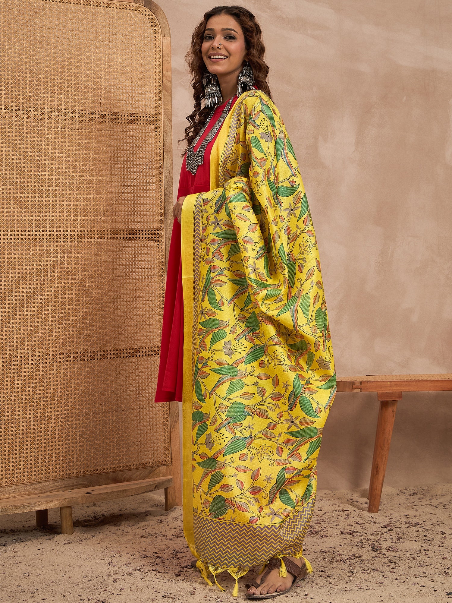 Red Silk Boho Yellow Bird Kurta Set