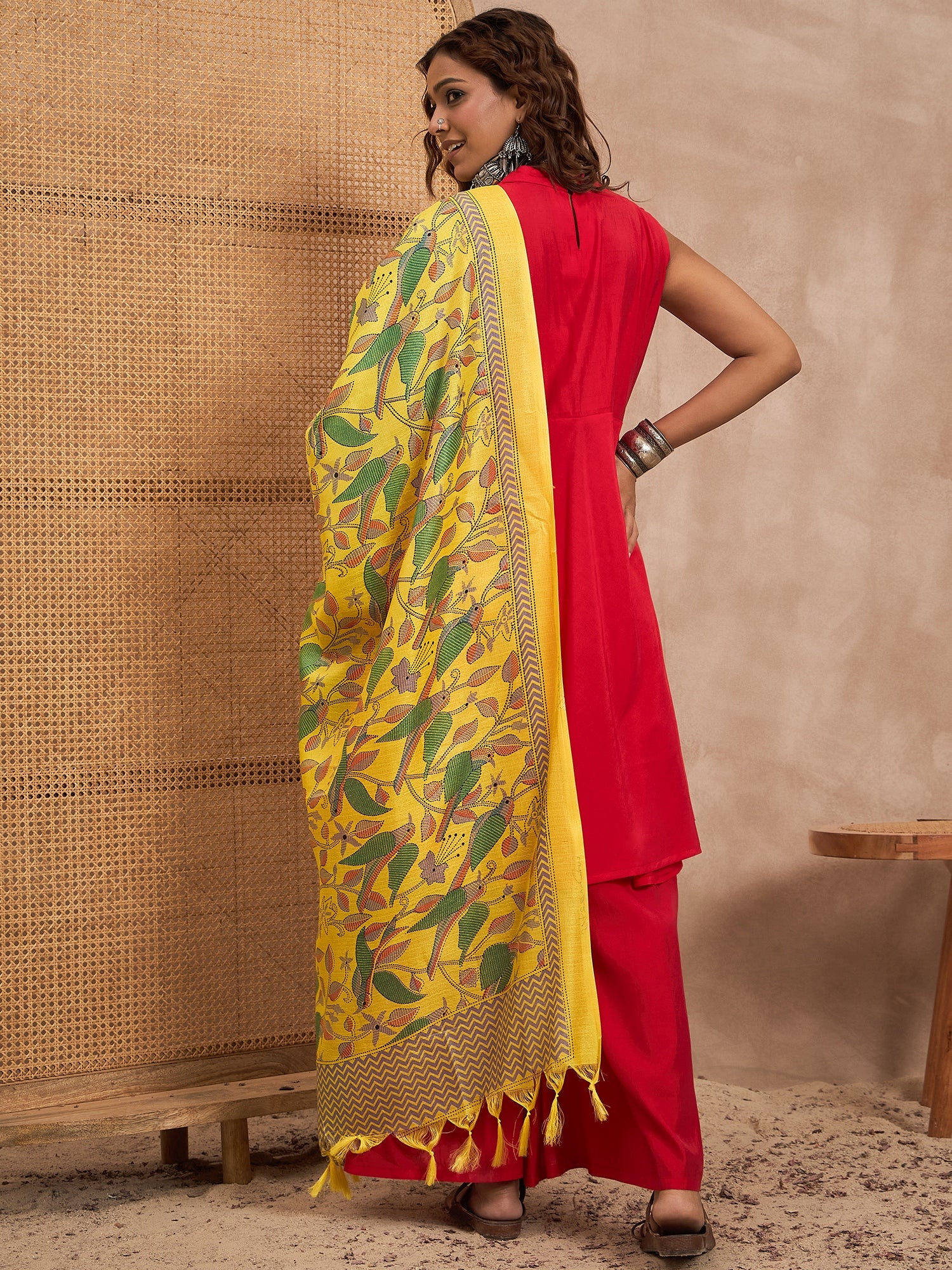Red Silk Boho Yellow Bird Kurta Set