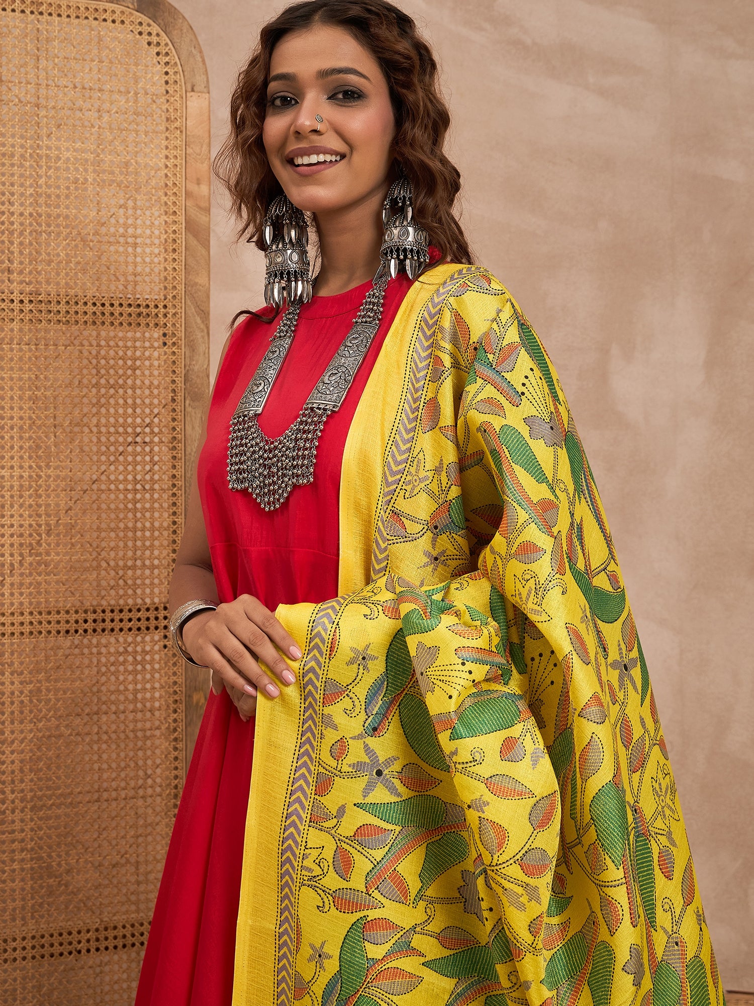 Red Silk Boho Yellow Bird Kurta Set