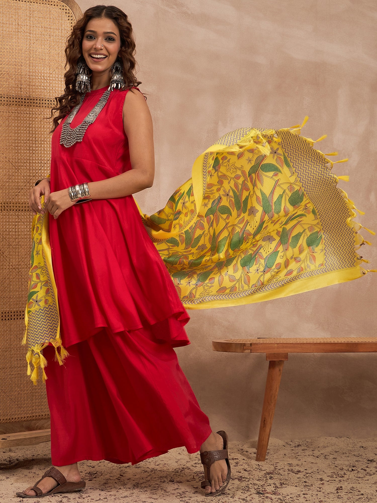 Red Silk Boho Yellow Bird Kurta Set
