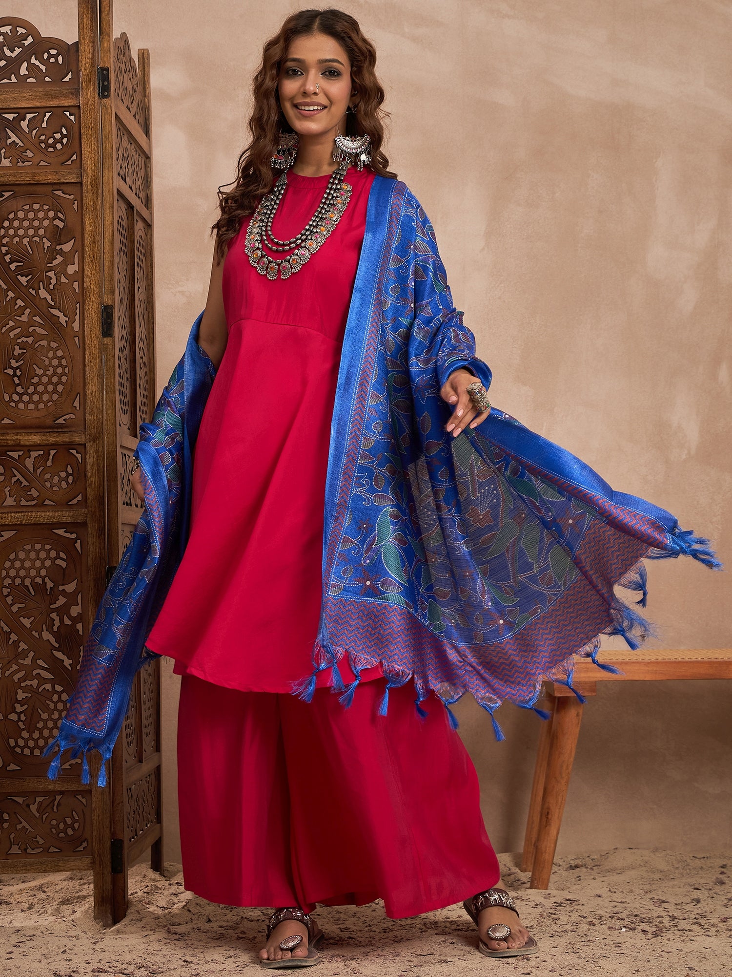 Rani Pink Silk Boho Admiral Blue Bird Kurta Set