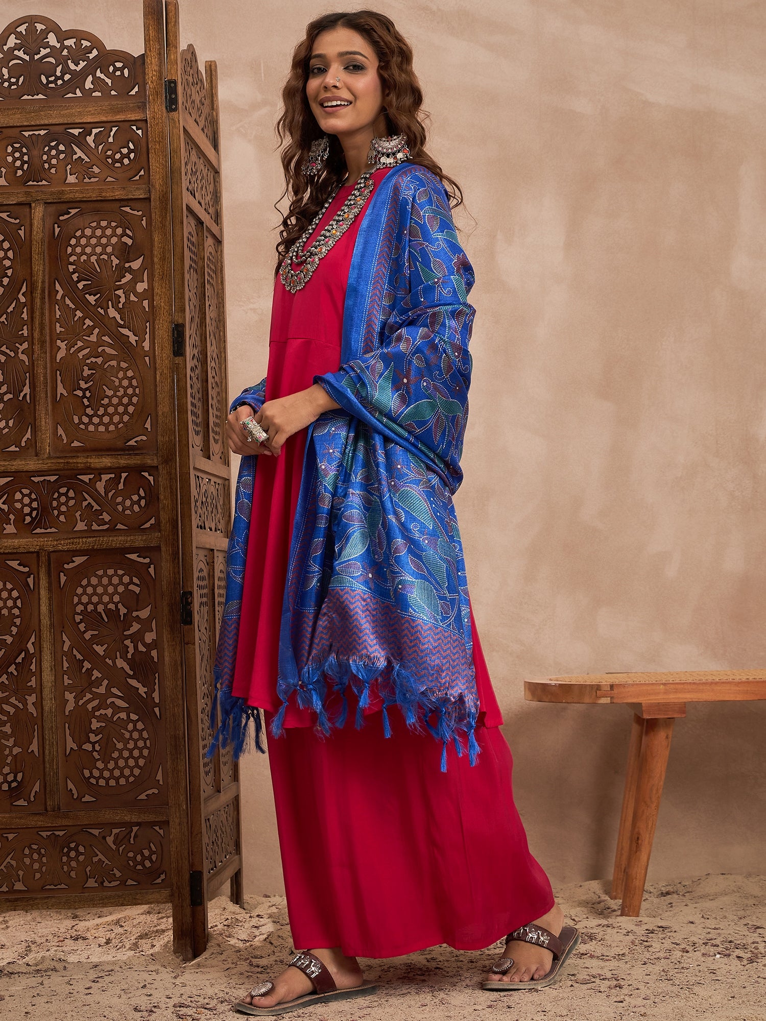 Rani Pink Silk Boho Admiral Blue Bird Kurta Set