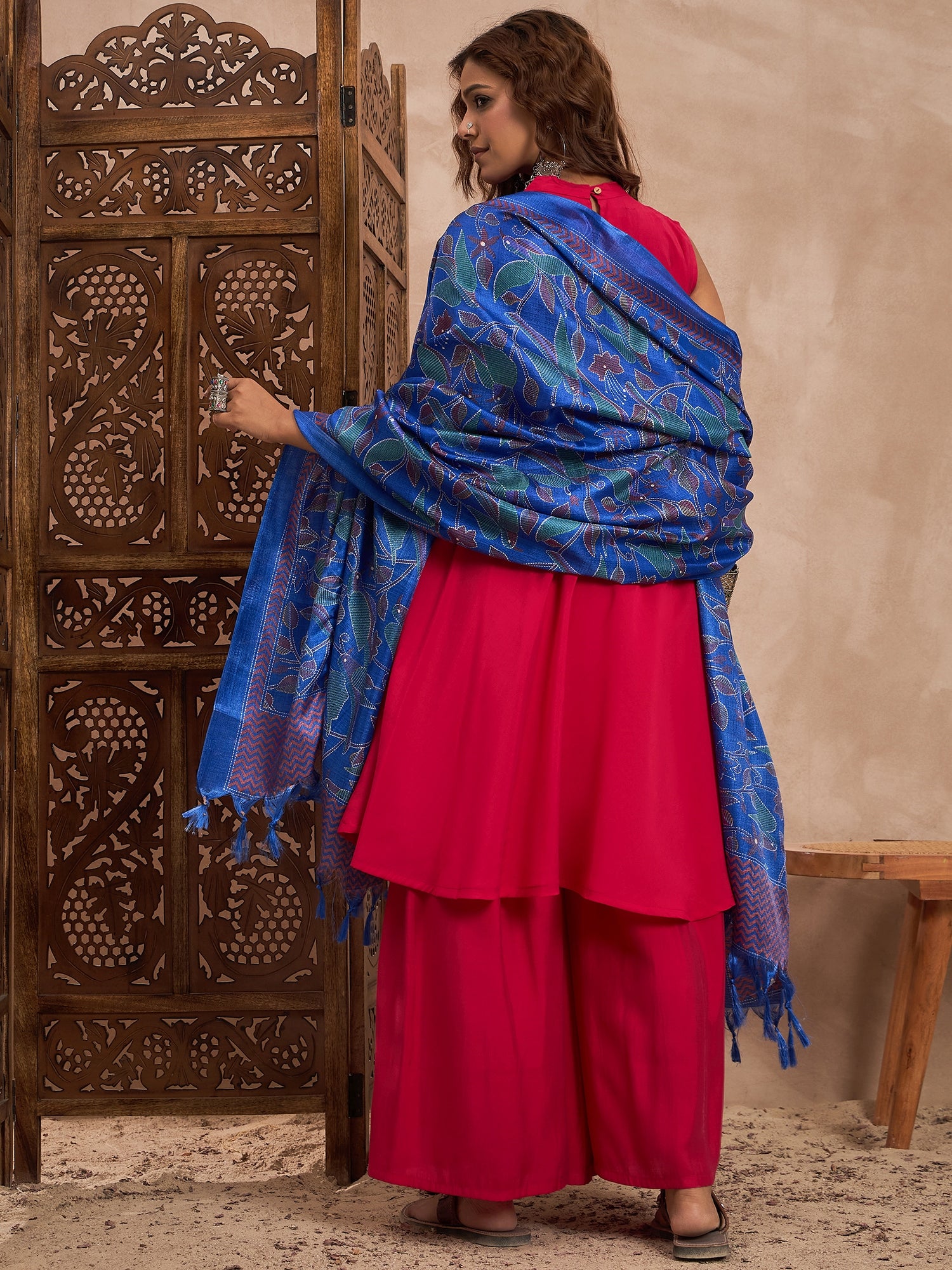 Rani Pink Silk Boho Admiral Blue Bird Kurta Set
