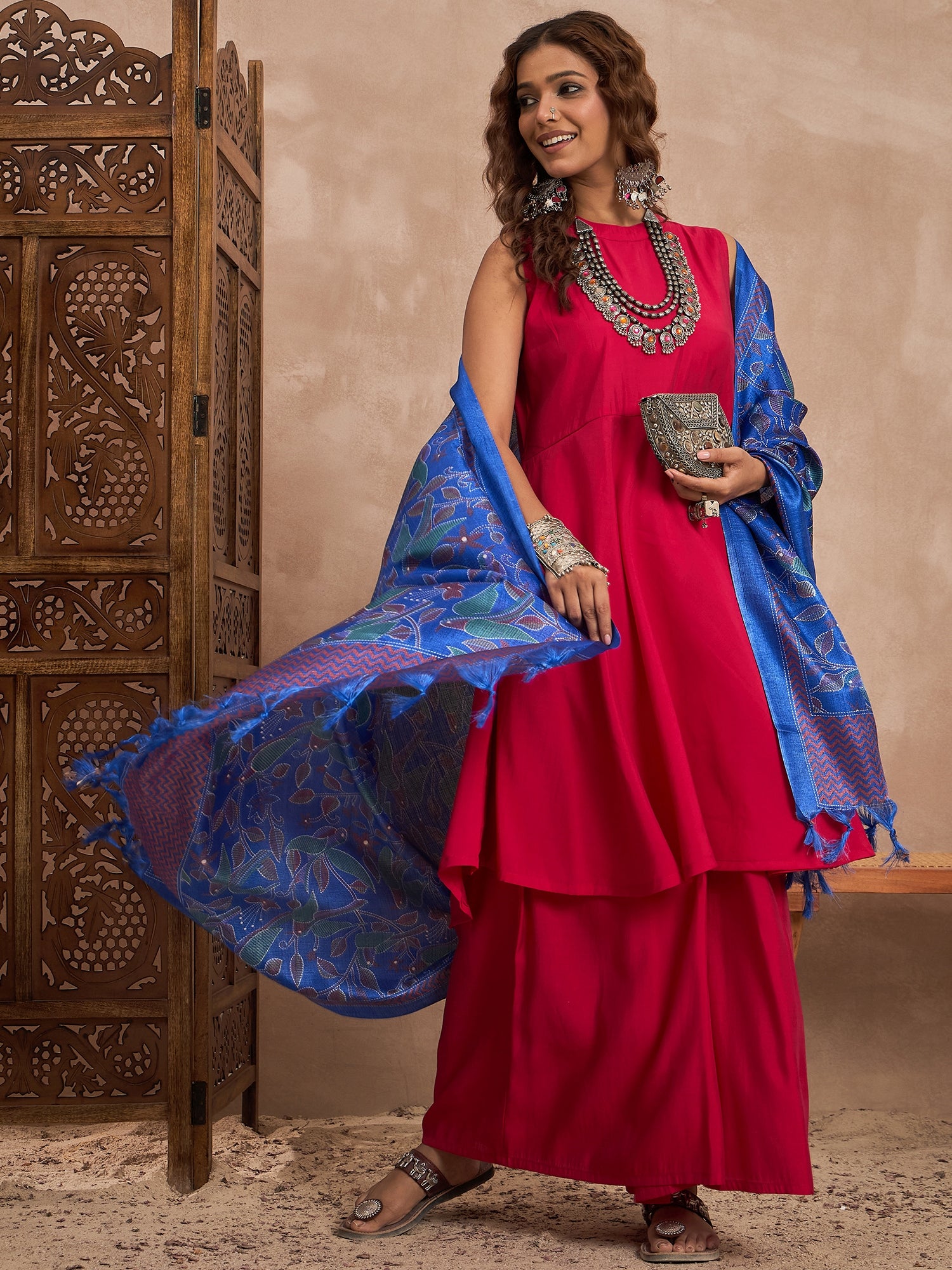 Rani Pink Silk Boho Admiral Blue Bird Kurta Set