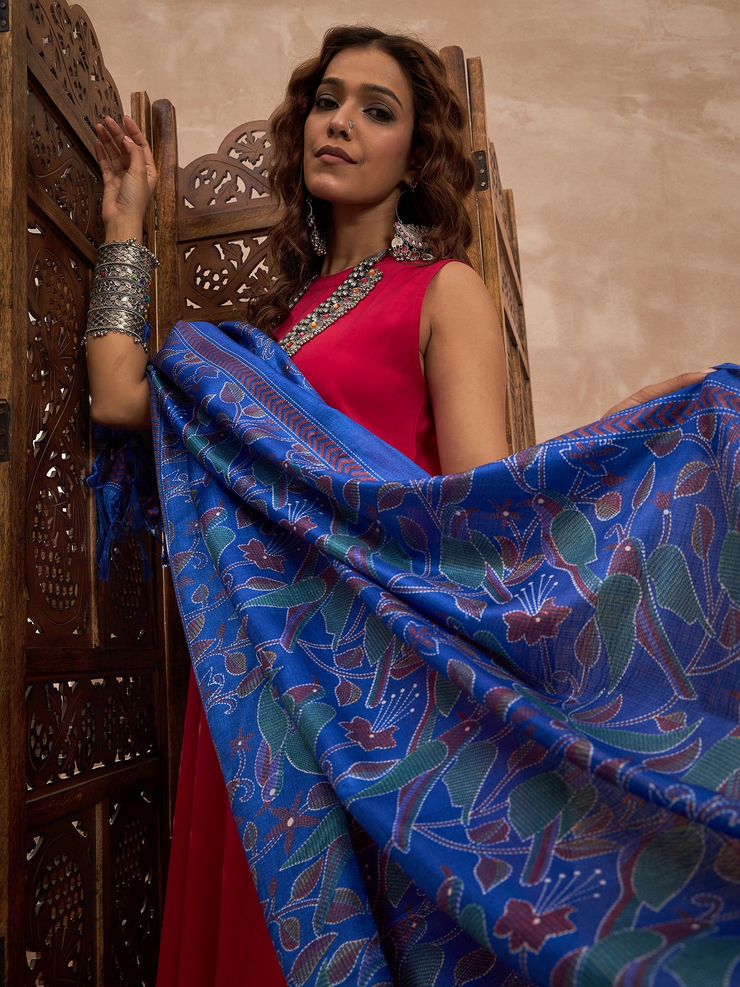 Rani Pink Silk Boho Admiral Blue Bird Kurta Set