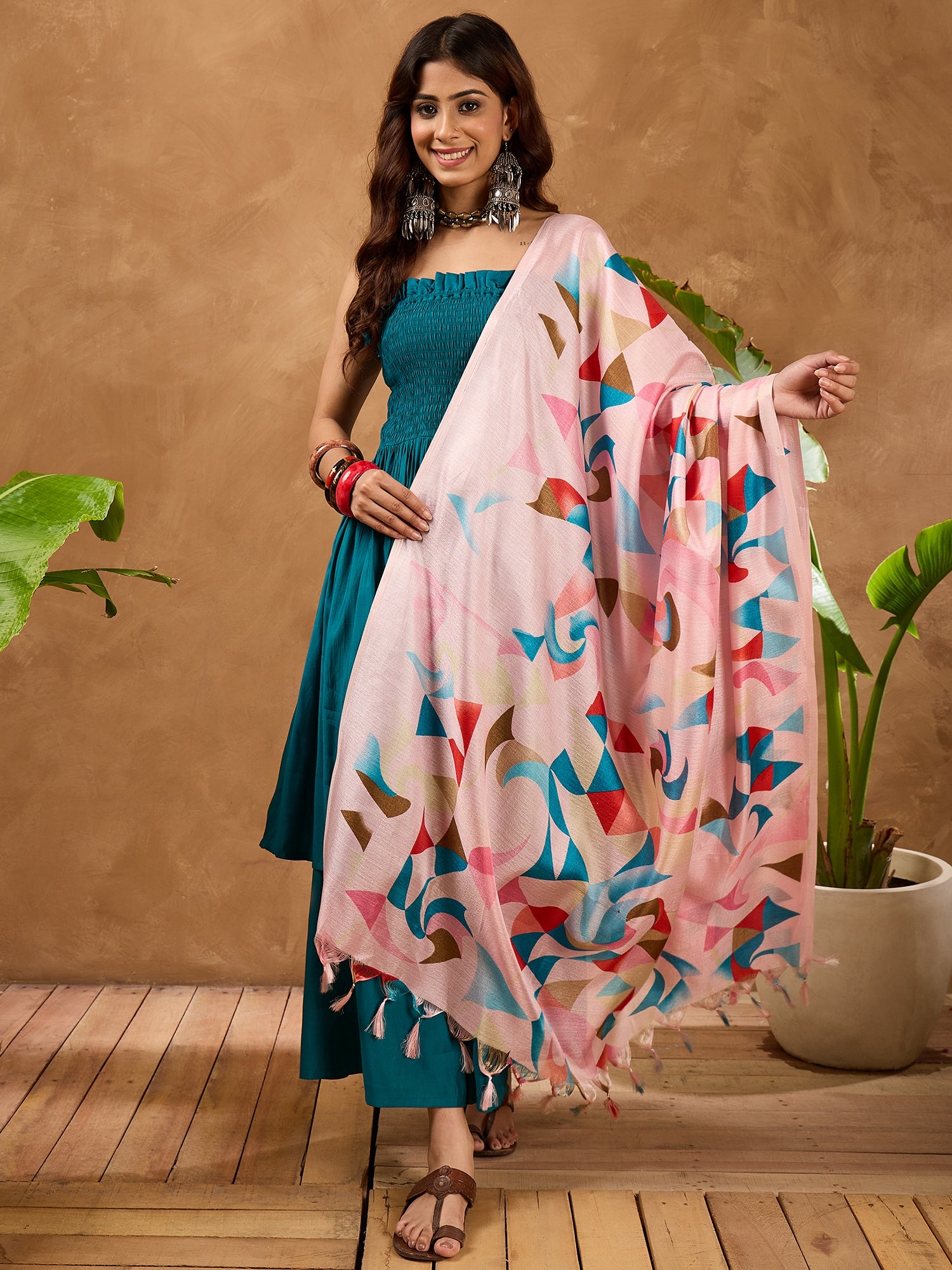 Teal Silk Offshoulder Pink Multi Kurta Set