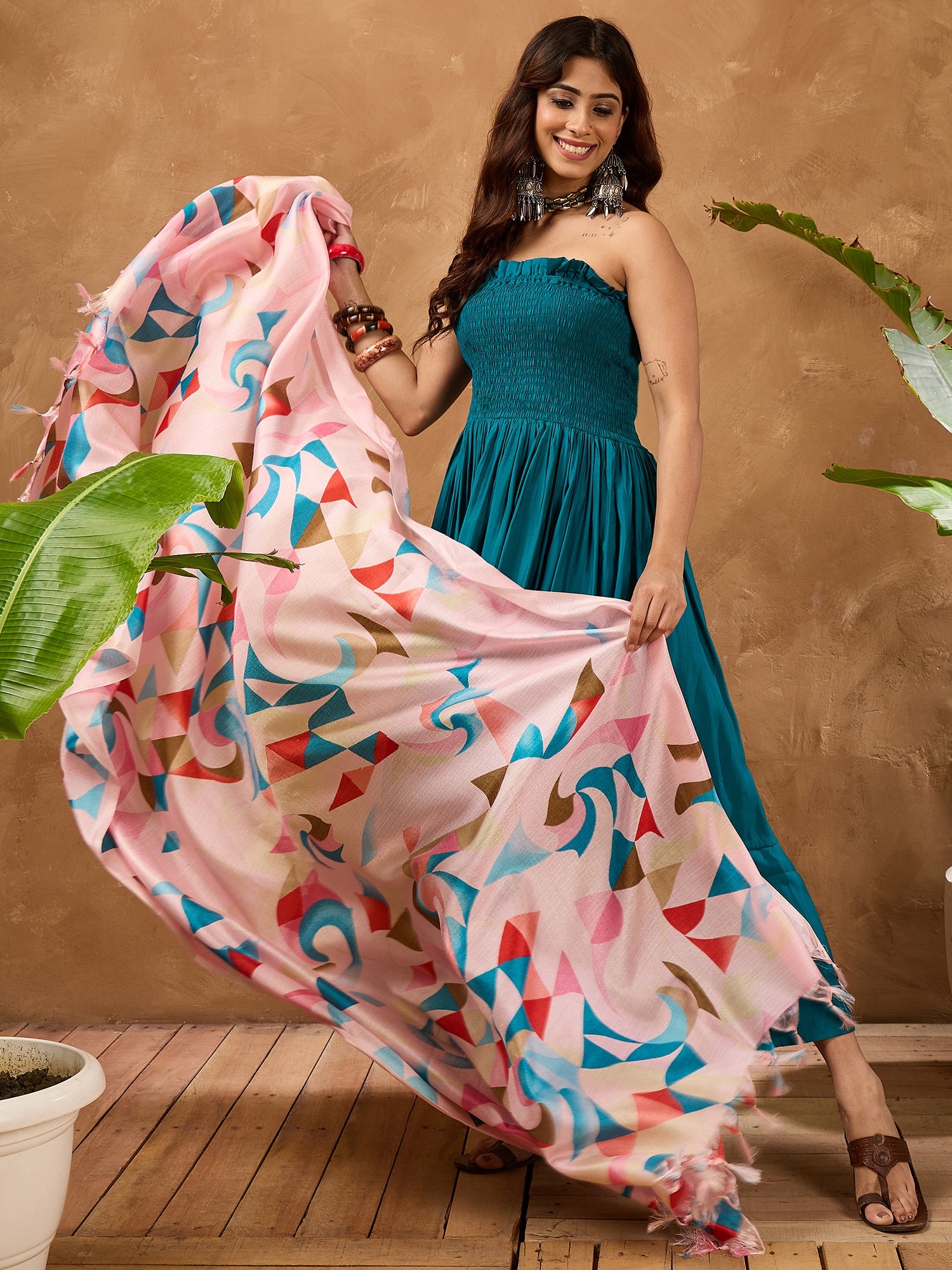 Teal Silk Offshoulder Pink Multi Kurta Set