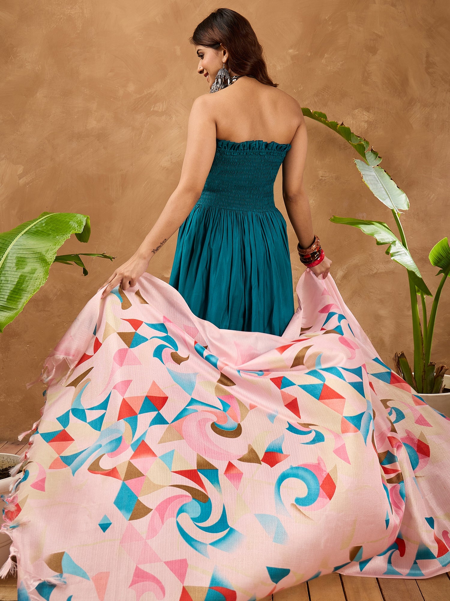 Teal Silk Offshoulder Pink Multi Kurta Set