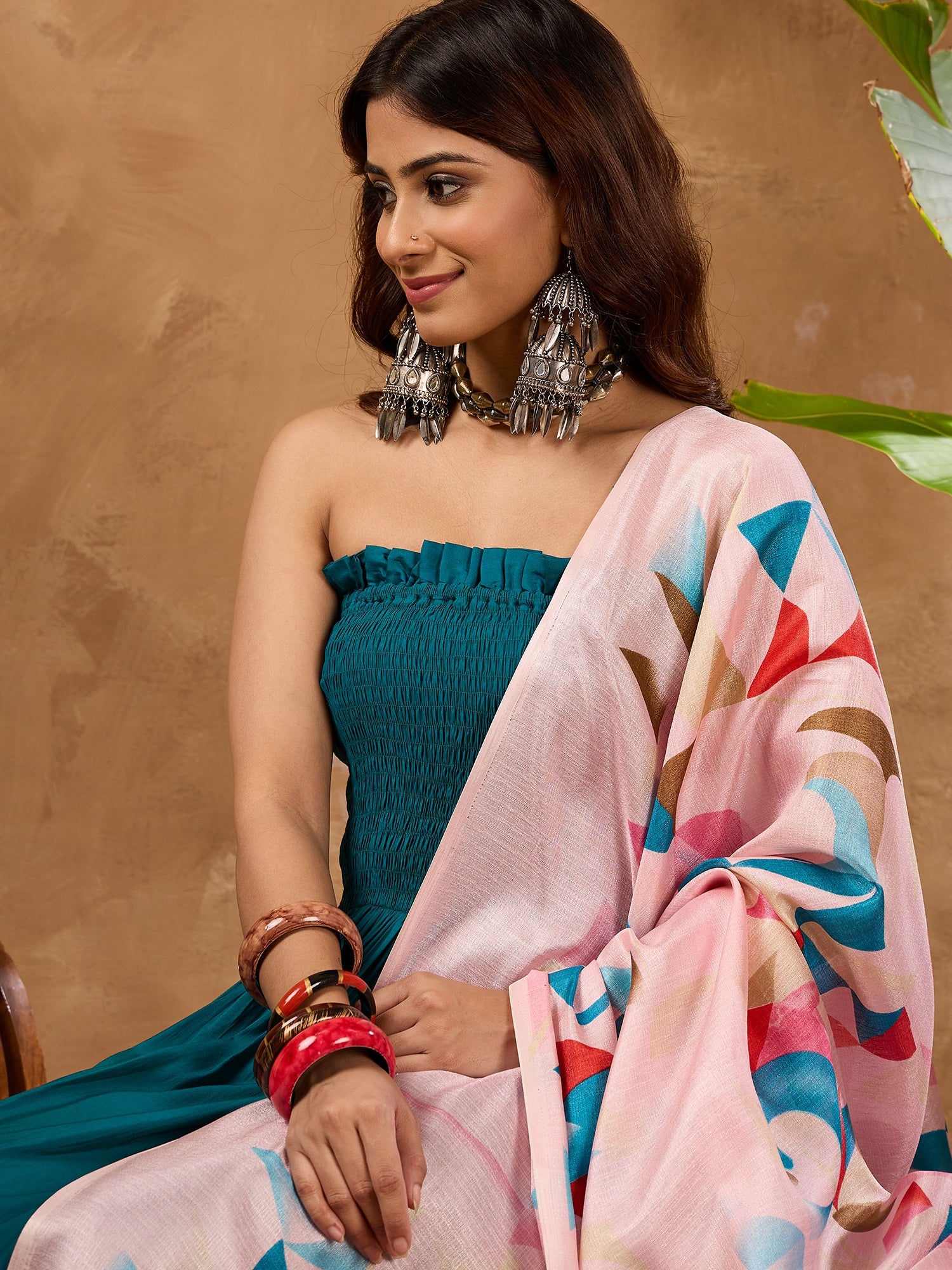 Teal Silk Offshoulder Pink Multi Kurta Set