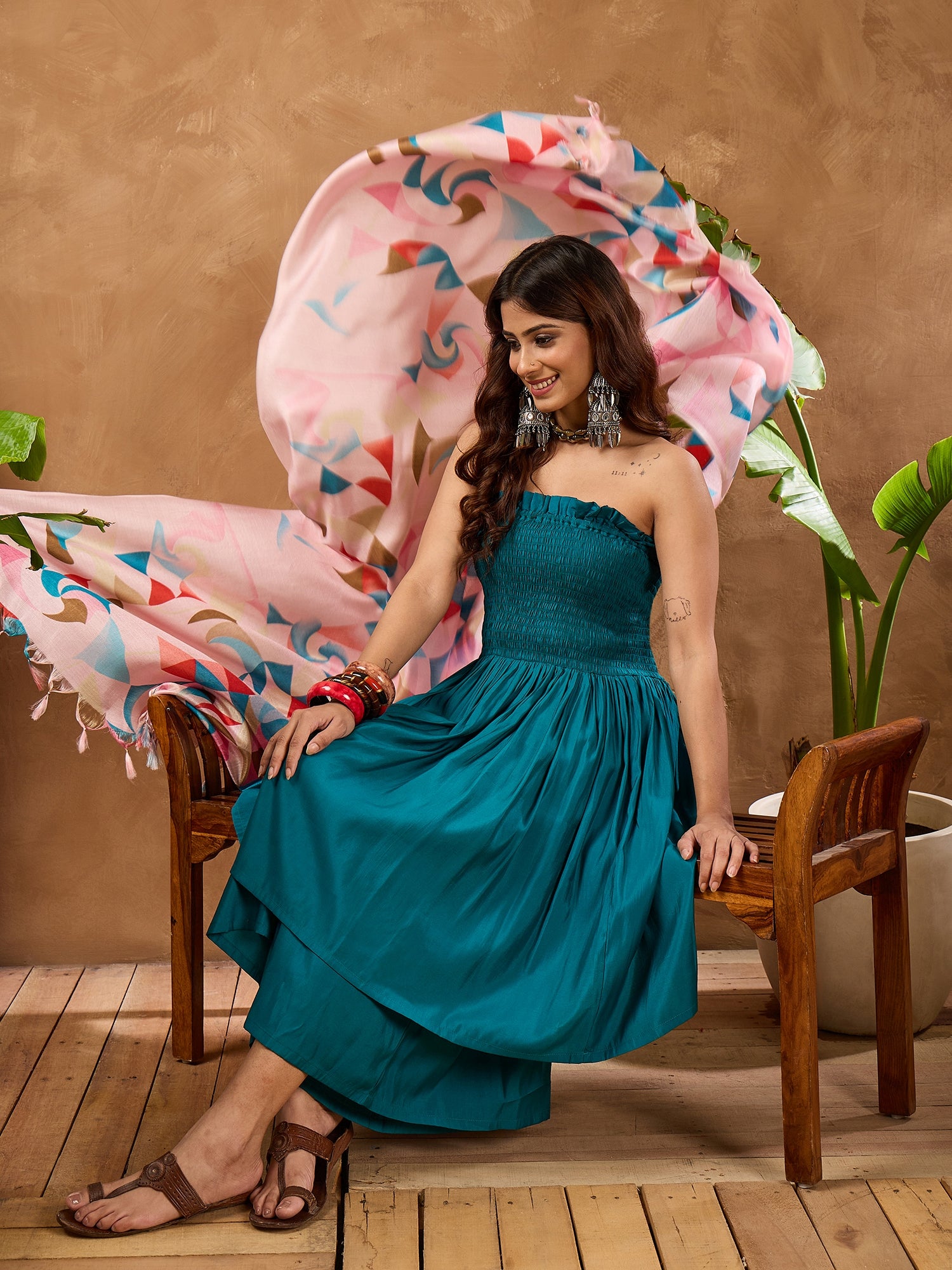 Teal Silk Offshoulder Pink Multi Kurta Set