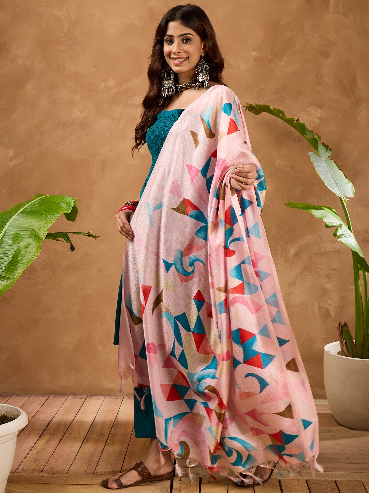 Teal Silk Offshoulder Pink Multi Kurta Set