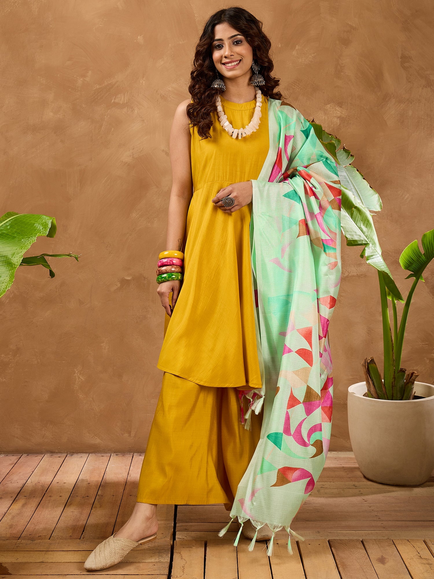 Yellow Silk Boho Mint Green Multi Kurta Set