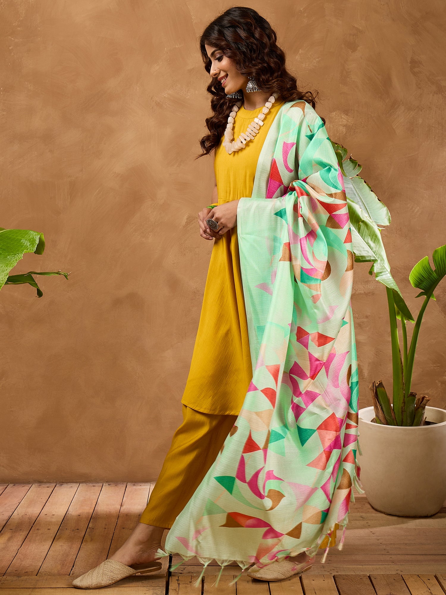 Yellow Silk Boho Mint Green Multi Kurta Set