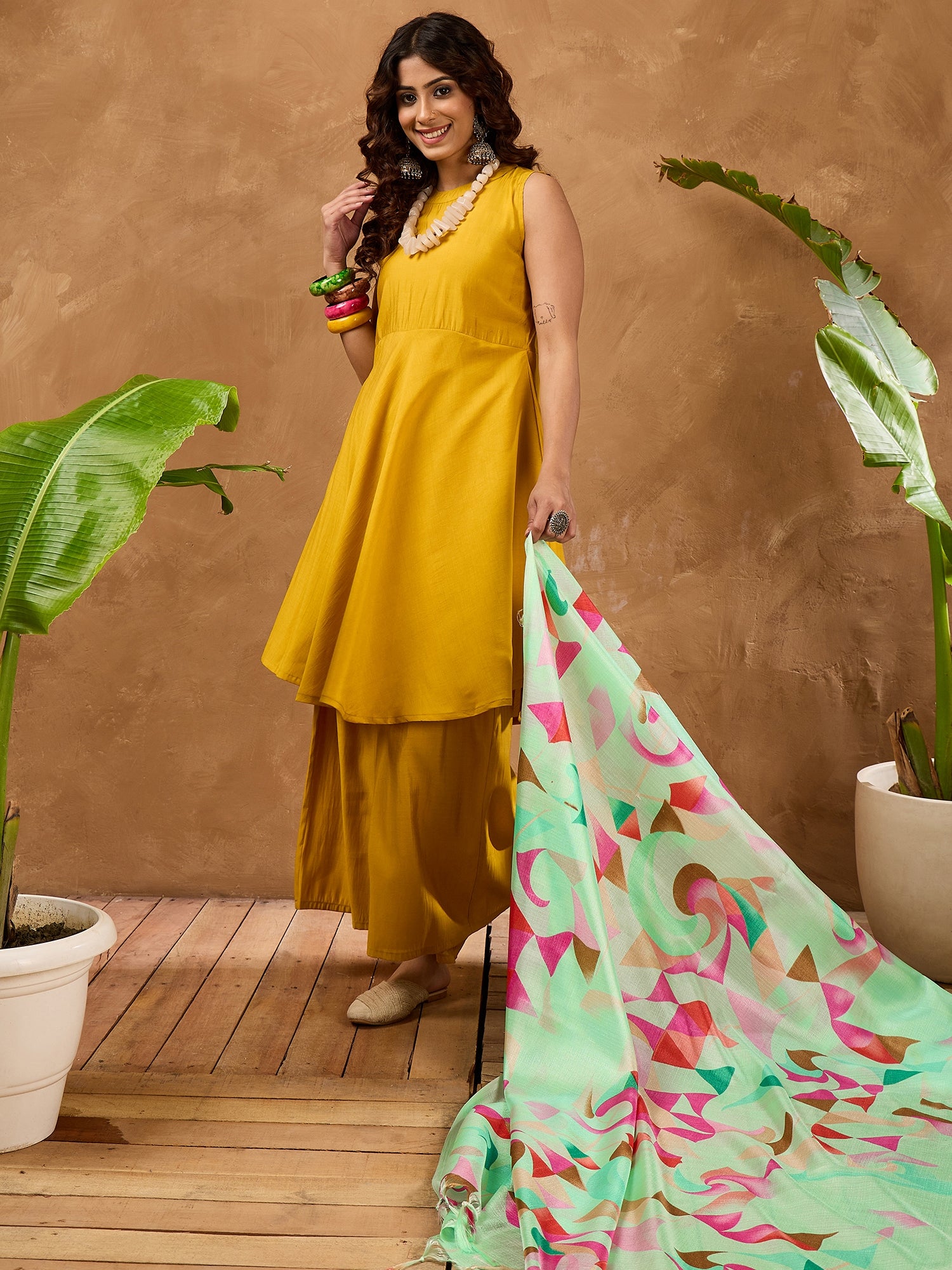 Yellow Silk Boho Mint Green Multi Kurta Set
