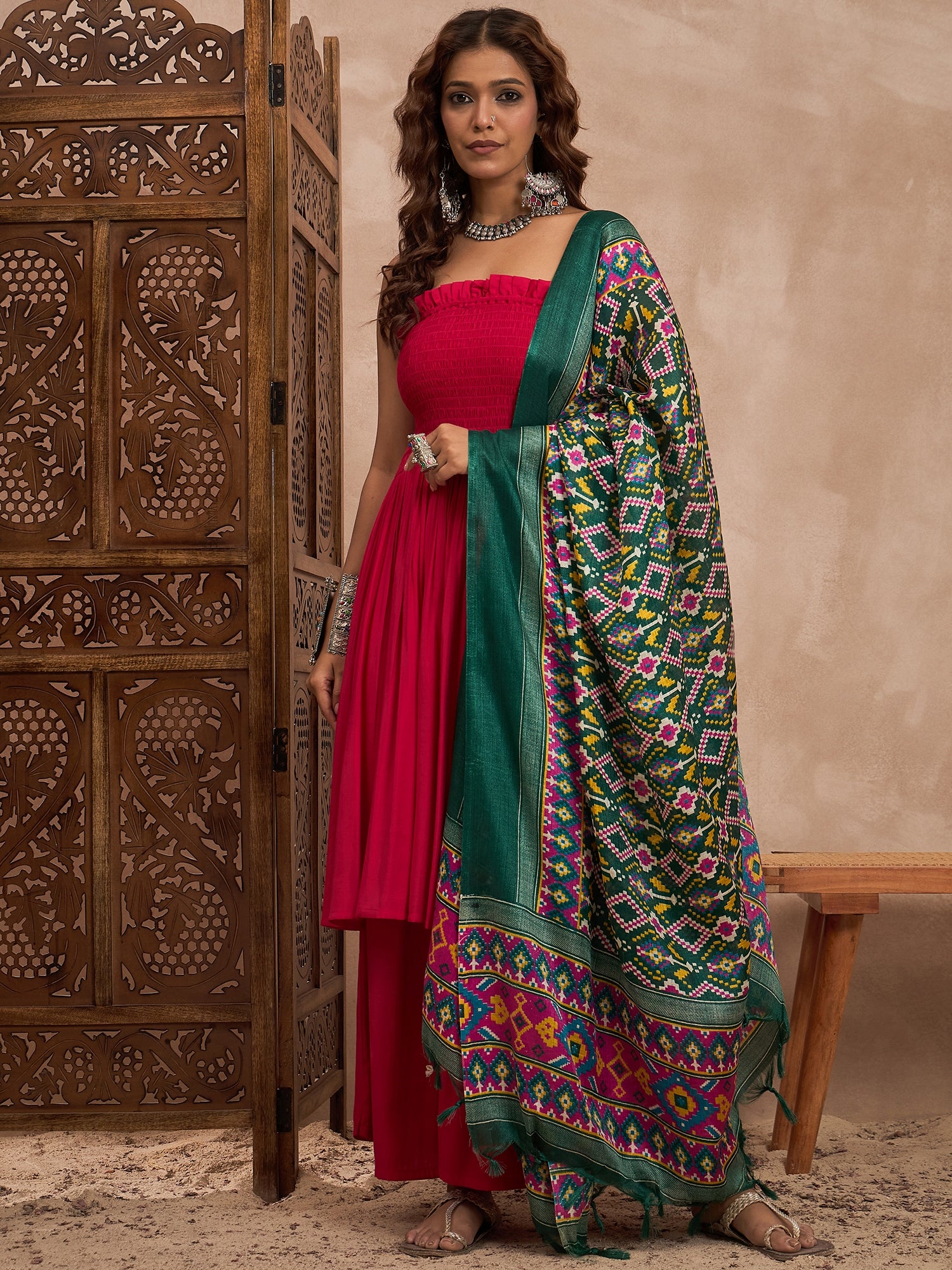 Rani Pink Offshoulder Set With Patolla Dupatta