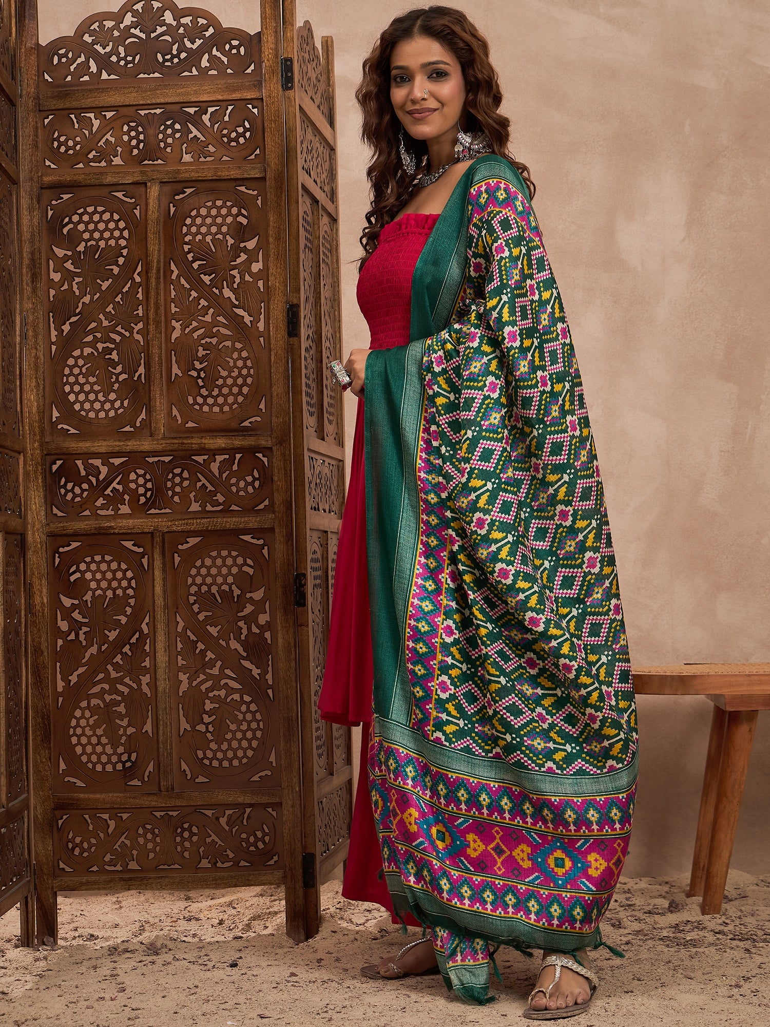 Rani Pink Offshoulder Set With Patolla Dupatta