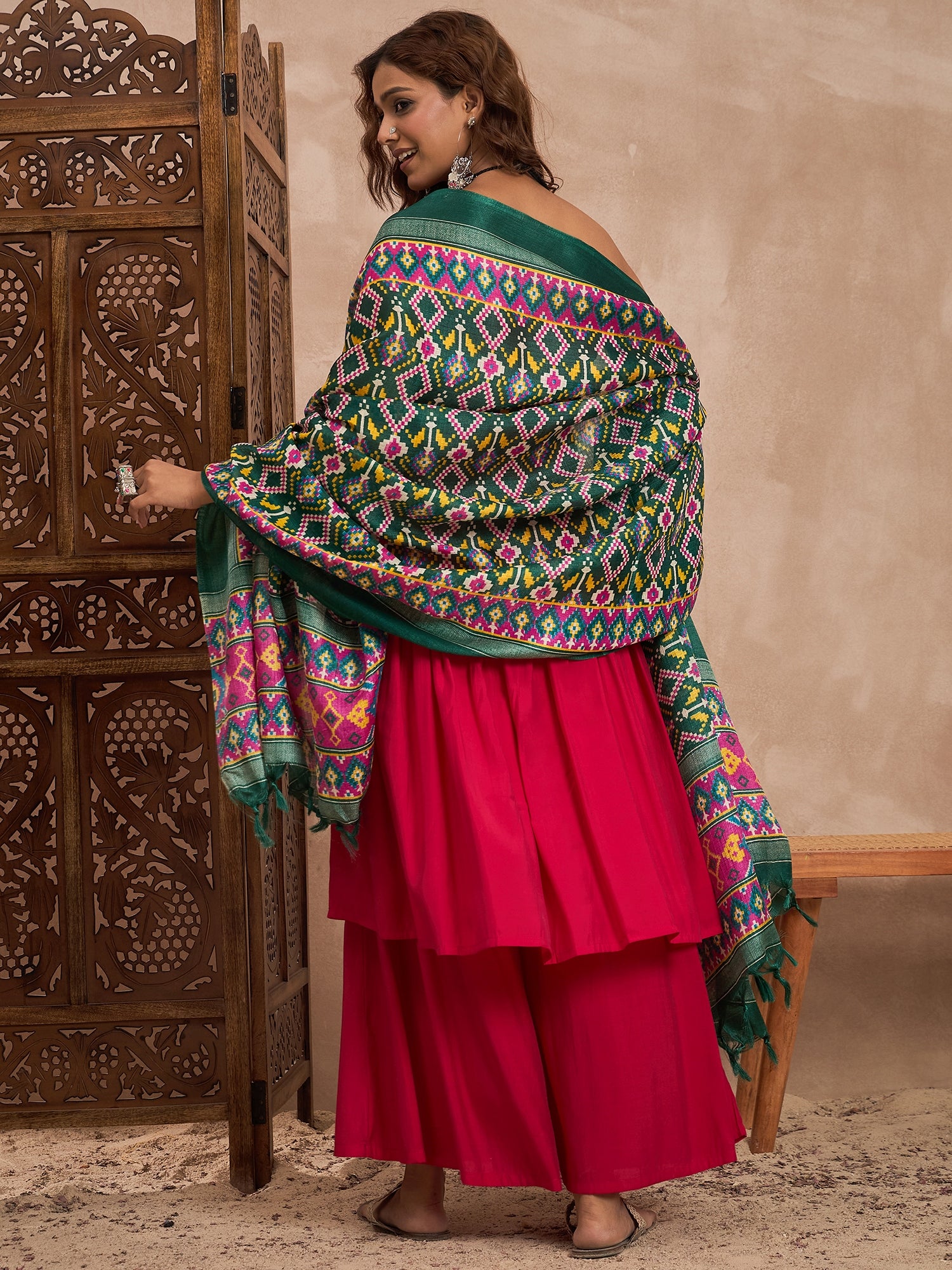 Rani Pink Offshoulder Set With Patolla Dupatta