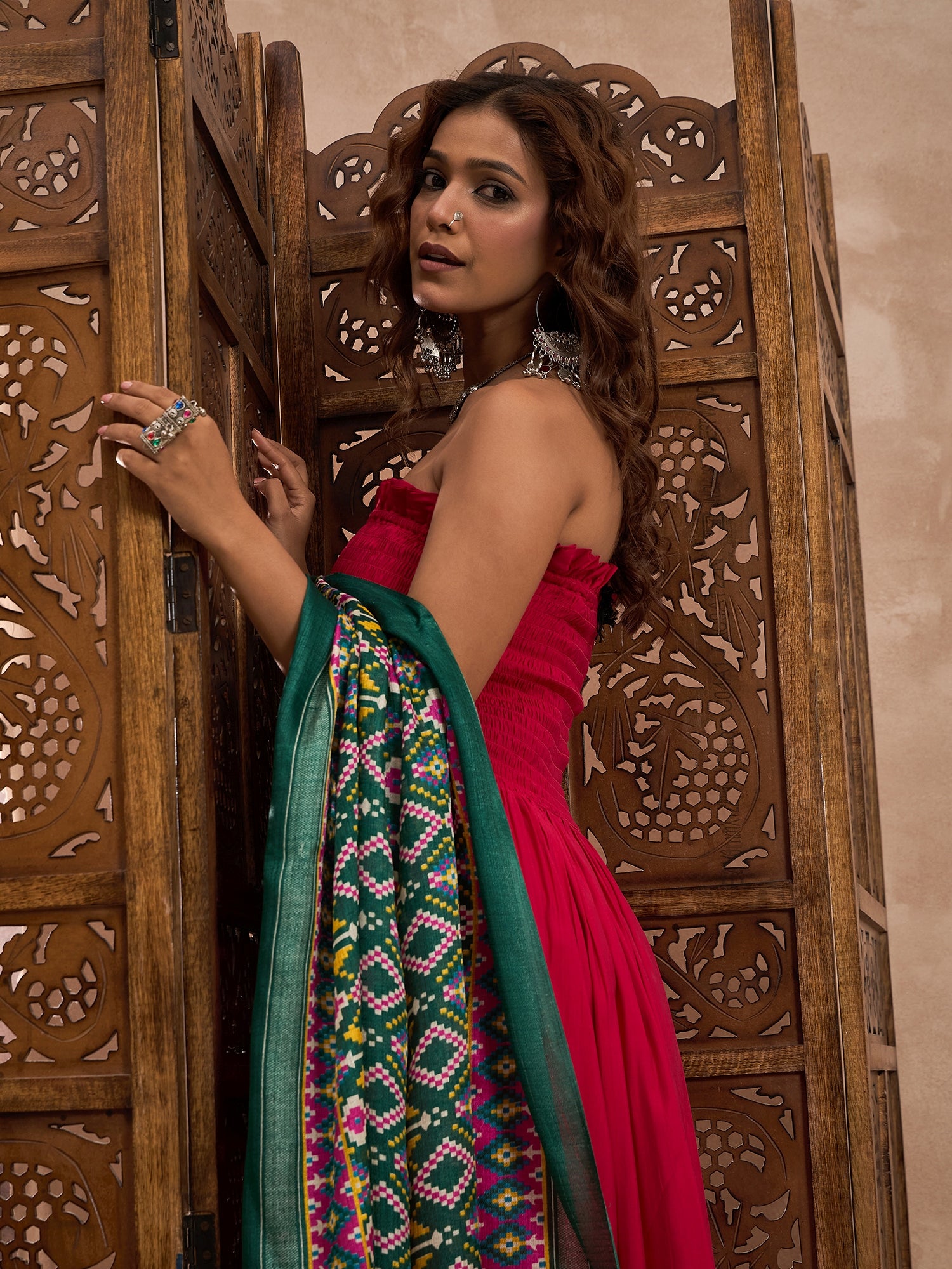 Rani Pink Offshoulder Set With Patolla Dupatta
