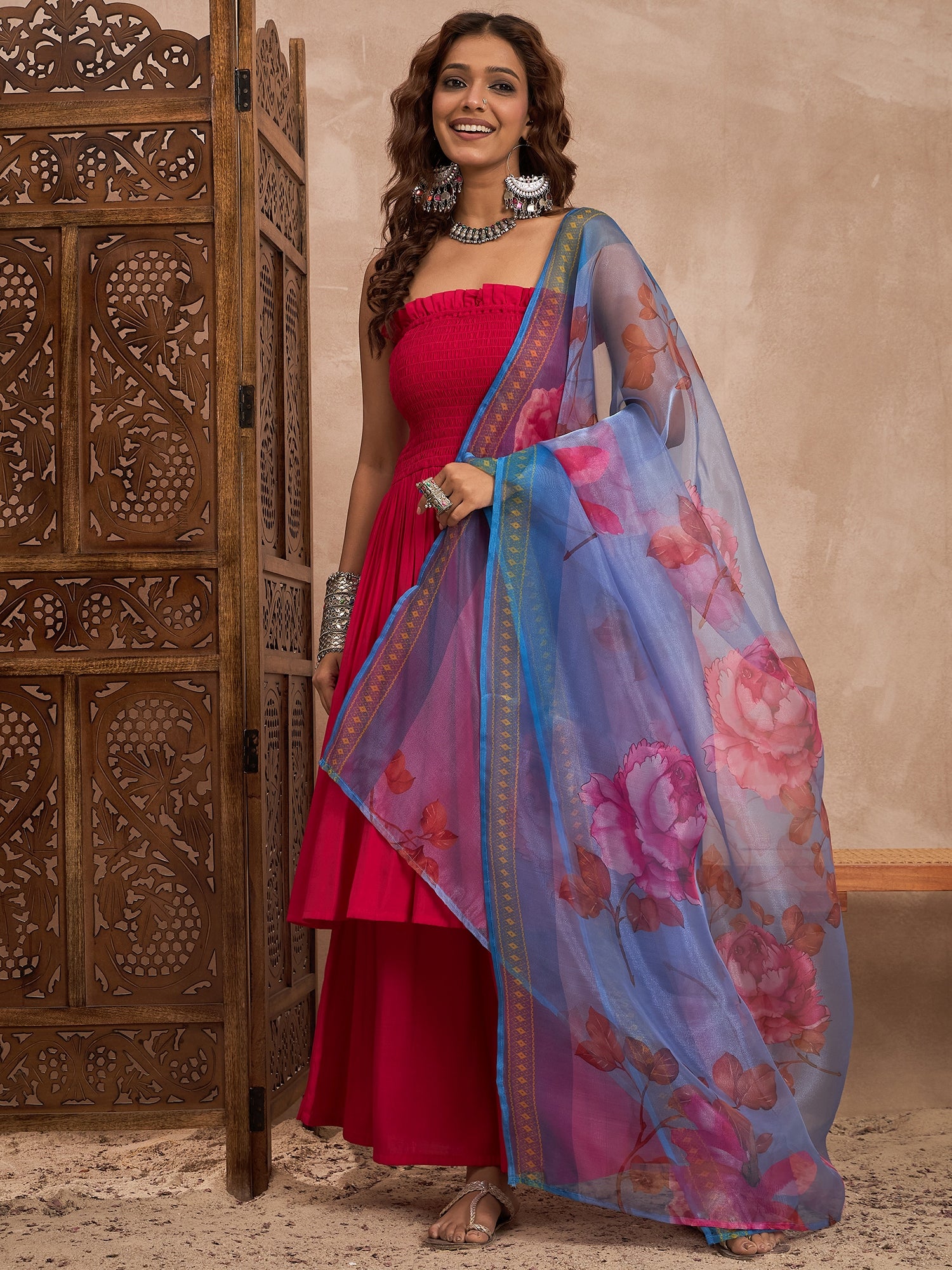 Rani Pink Offshoulder Set With Organza Dupatta
