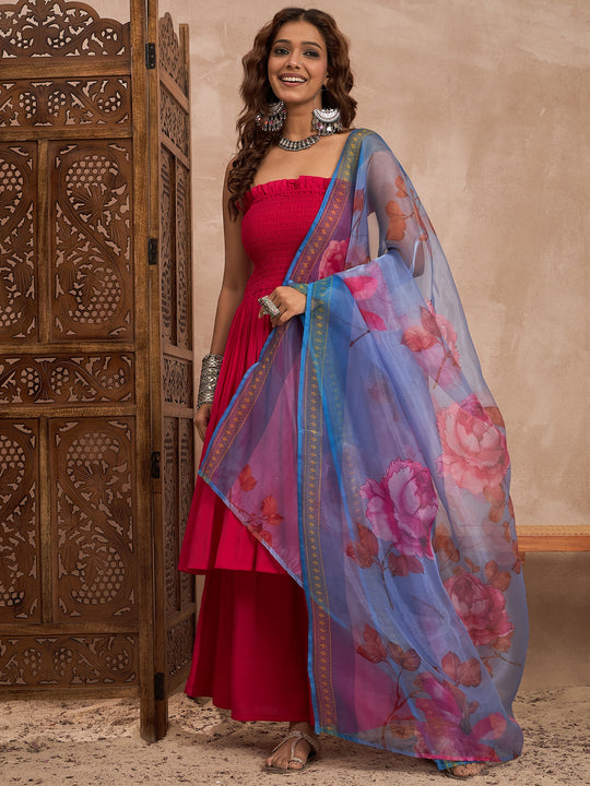 Rani Pink Offshoulder Set With Organza Dupatta