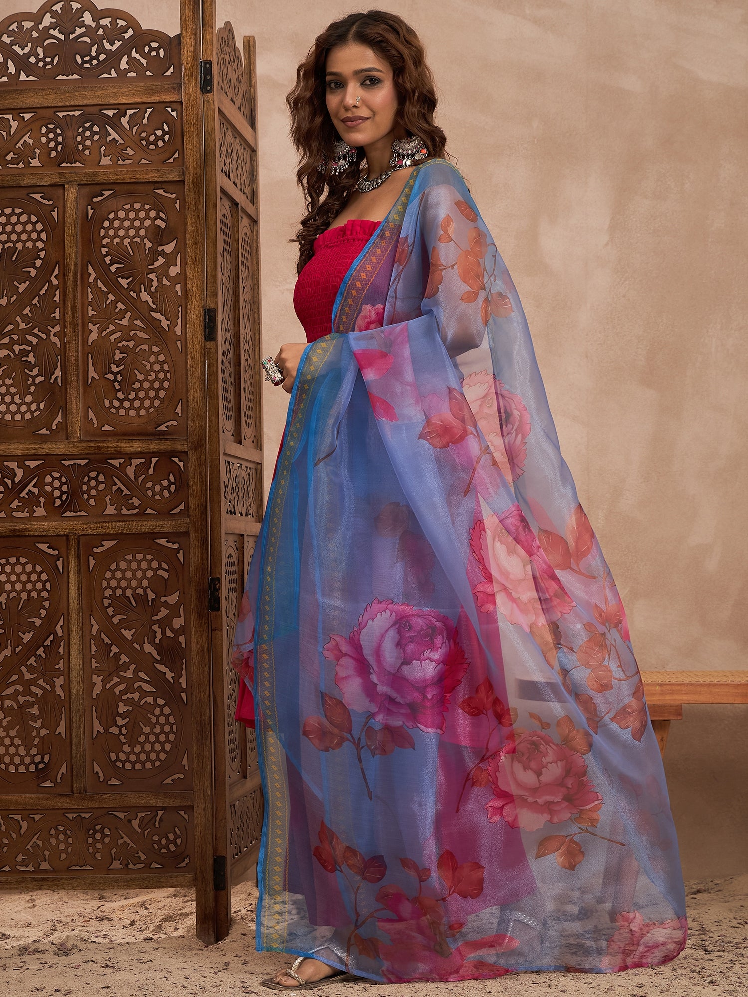 Rani Pink Offshoulder Set With Organza Dupatta