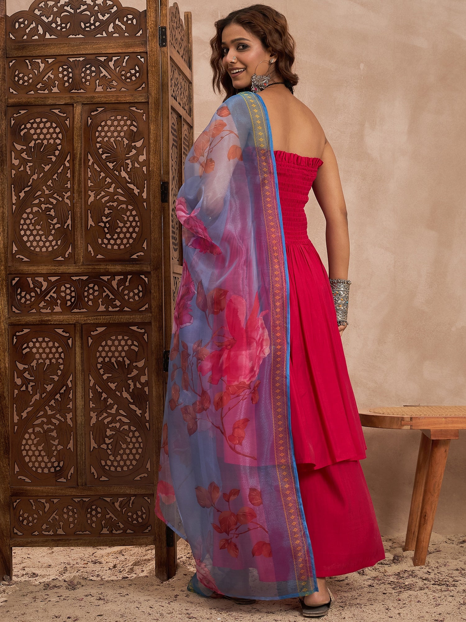 Rani Pink Offshoulder Set With Organza Dupatta