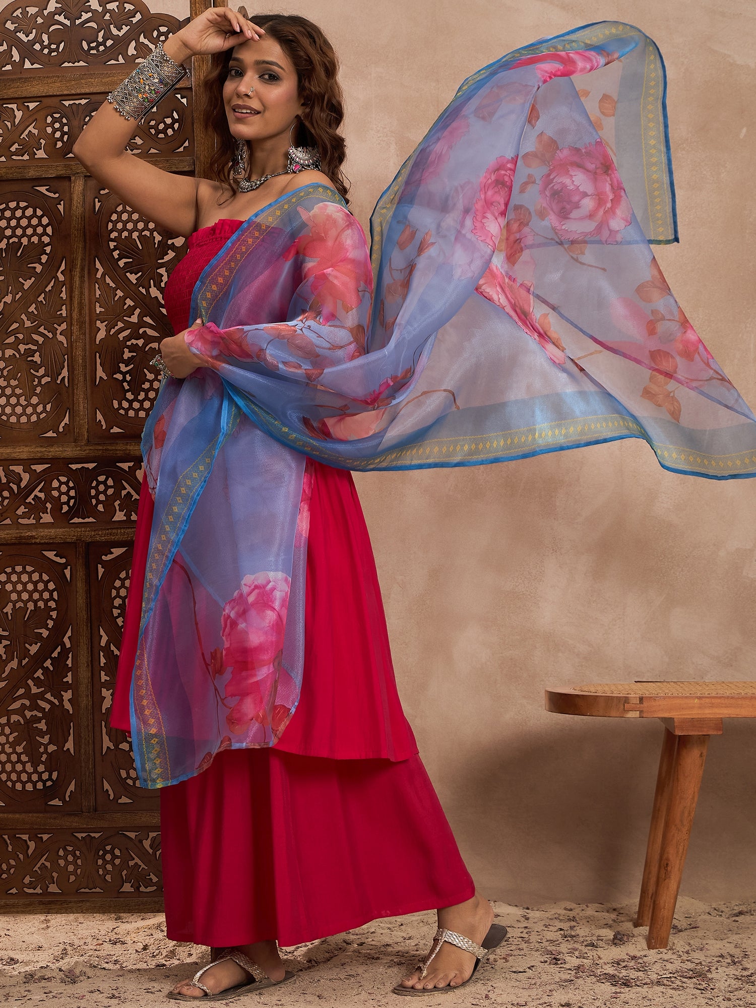 Rani Pink Offshoulder Set With Organza Dupatta