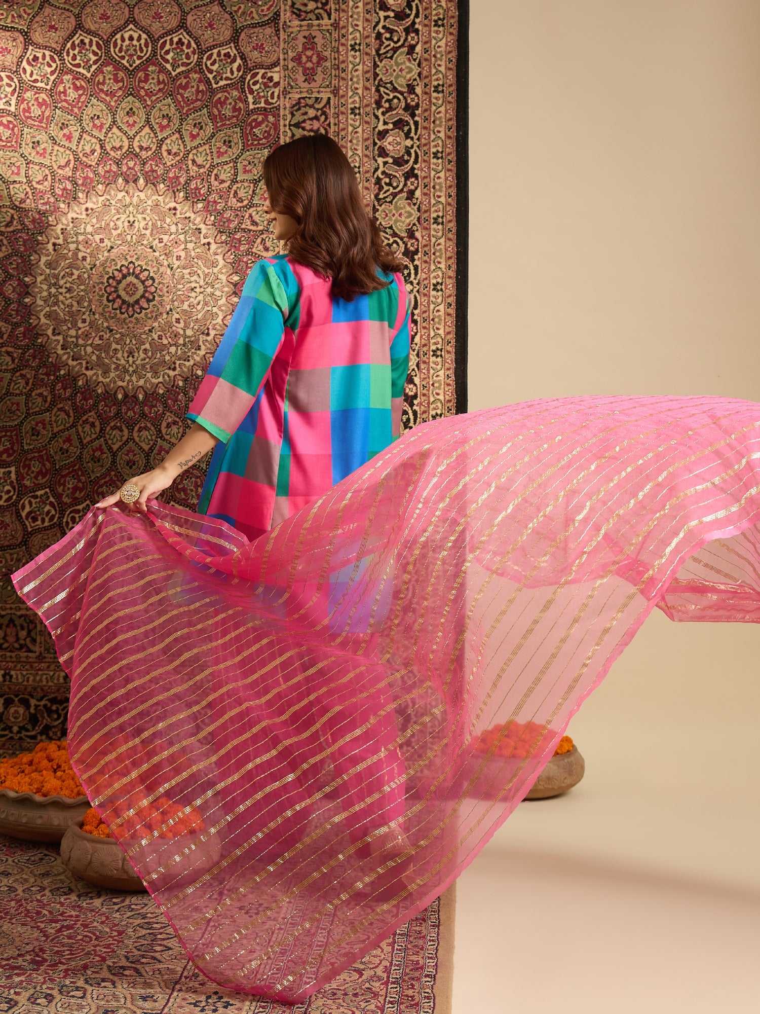 Multi Block Kurta Salwar Zari Dupatta Set (To be dispatched in 7 -10 days)