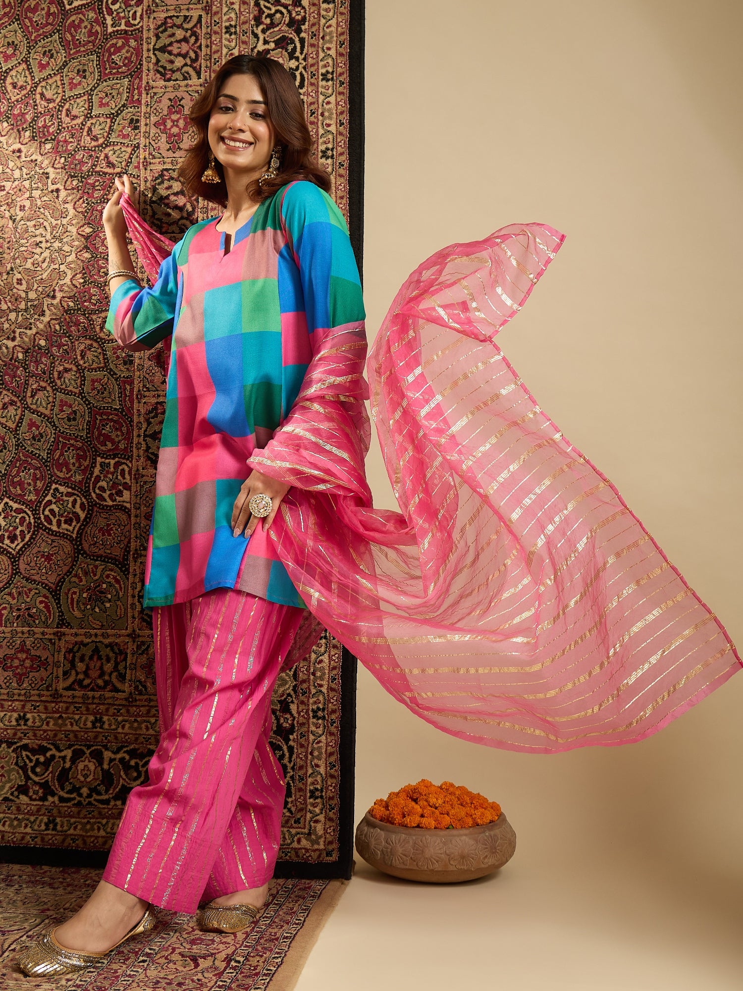 Multi Block Kurta Salwar Zari Dupatta Set (To be dispatched in 7 -10 days)