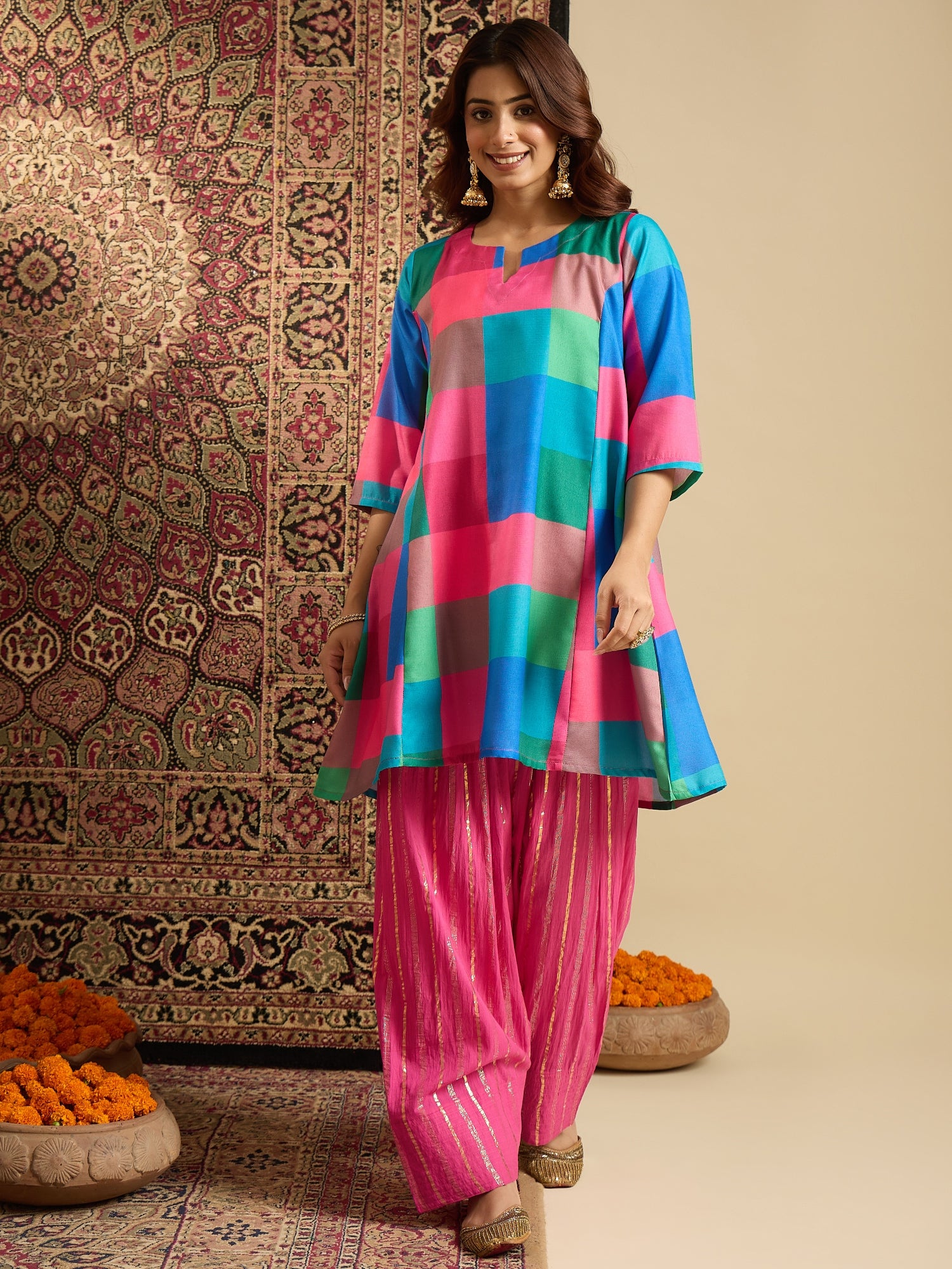 Multi Block Kurta Salwar Zari Dupatta Set (To be dispatched in 7 -10 days)
