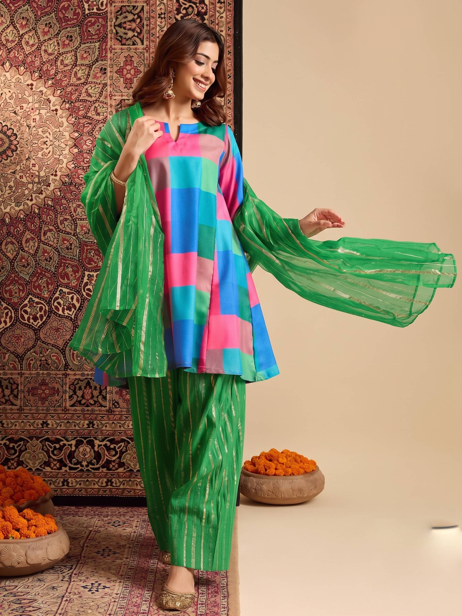 Multi Block Kurta Green Salwar Dupatta Set