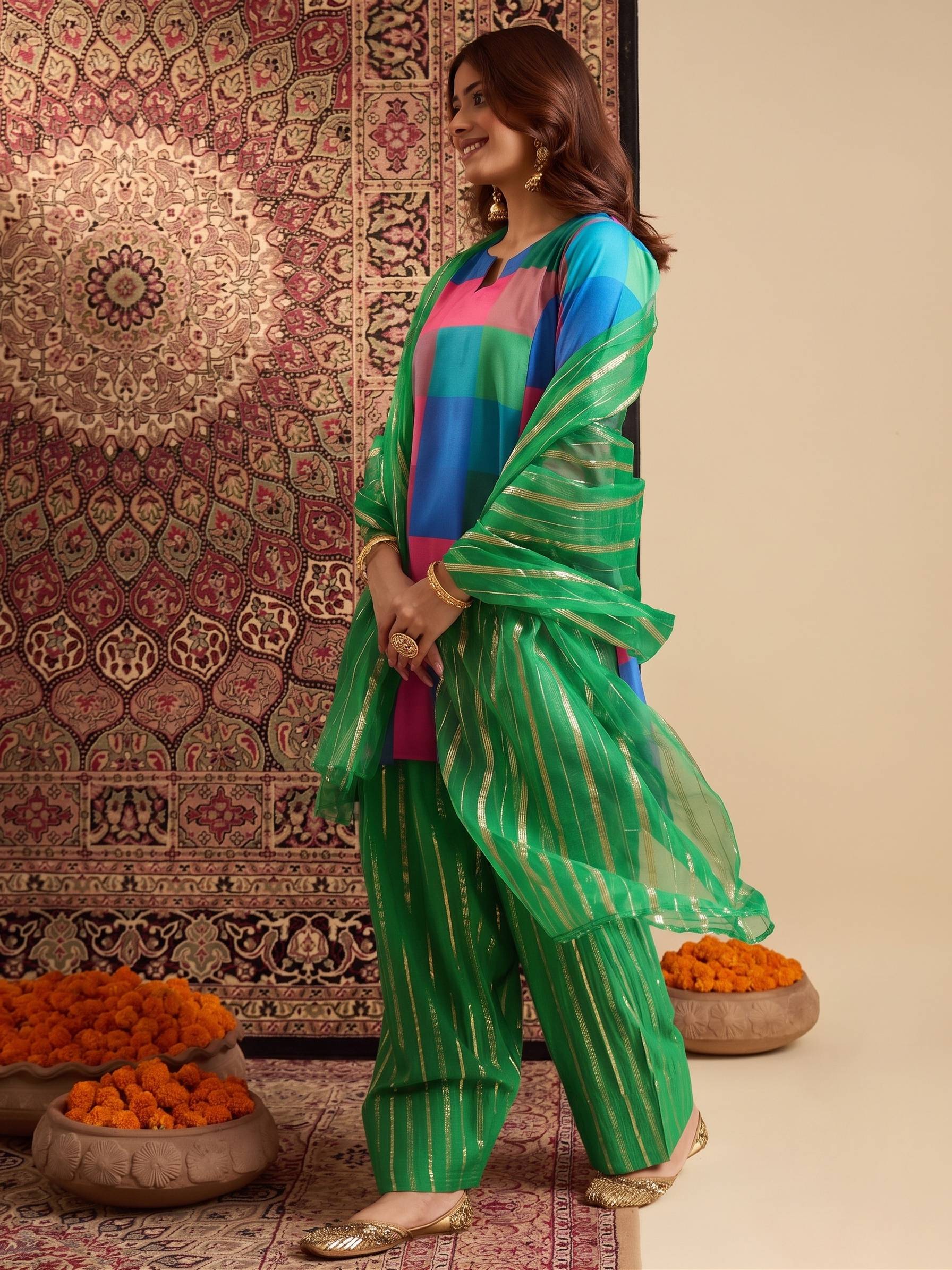 Multi Block Kurta Green Salwar Dupatta Set