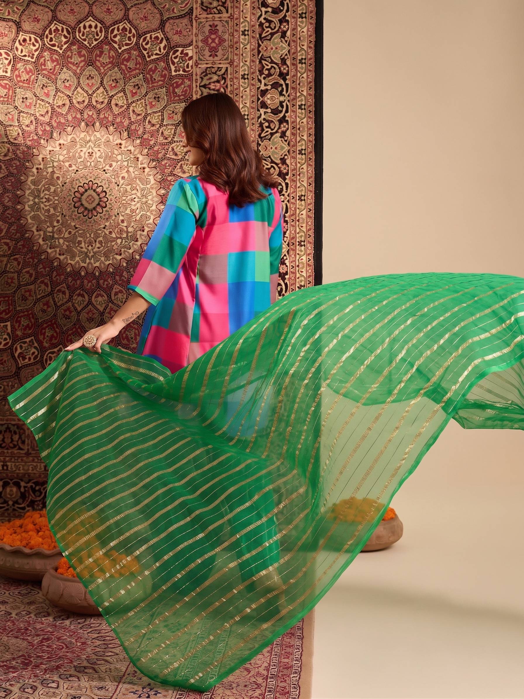 Multi Block Kurta Green Salwar Dupatta Set