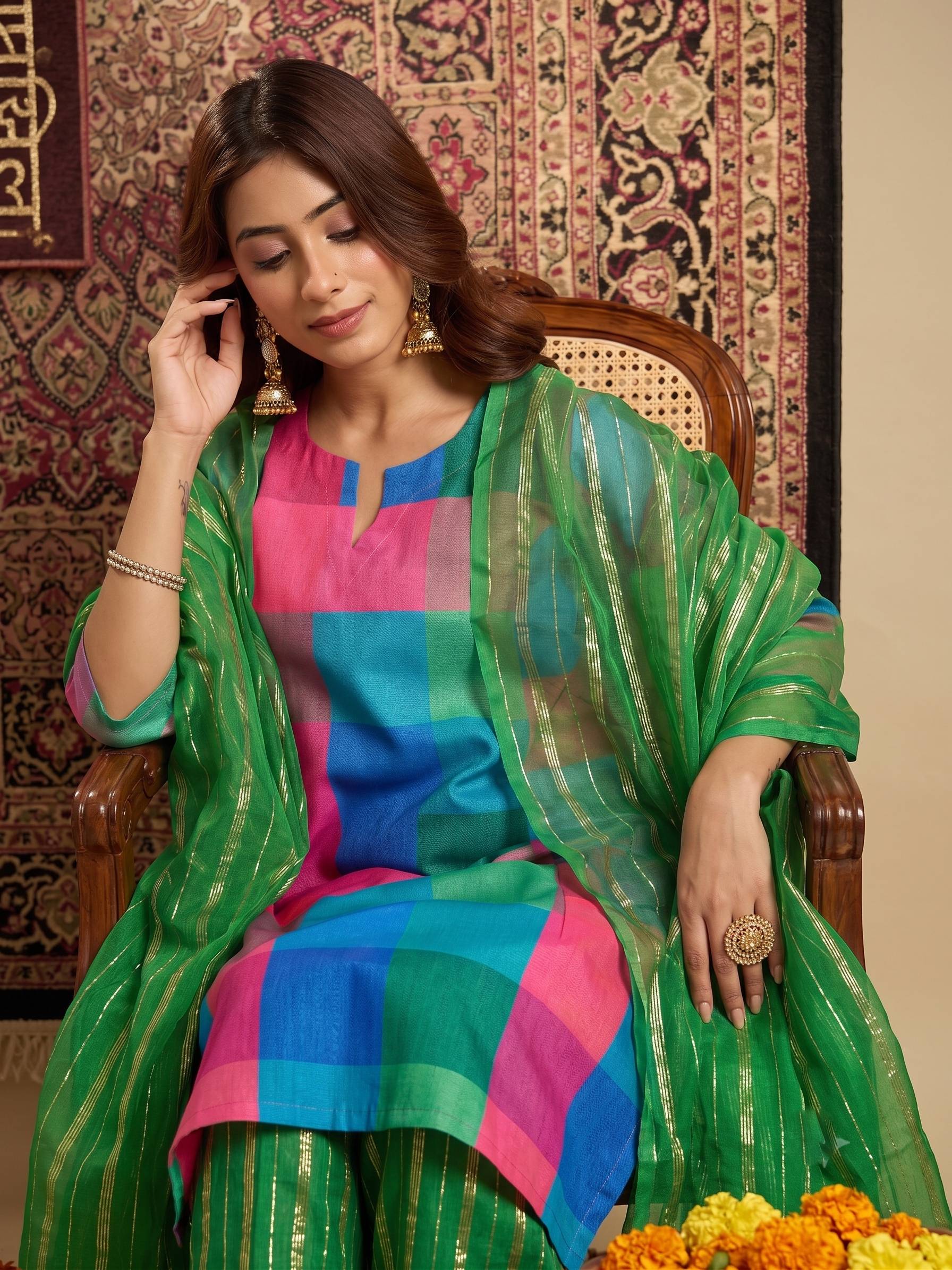 Multi Block Kurta Green Salwar Dupatta Set