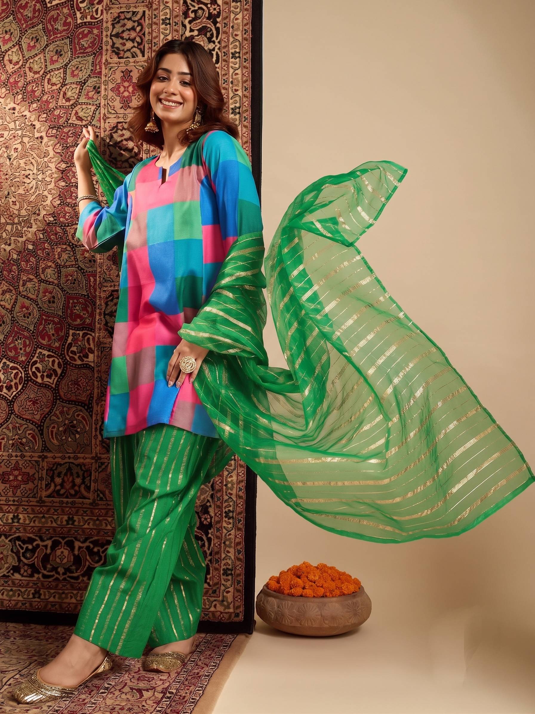 Multi Block Kurta Green Salwar Dupatta Set