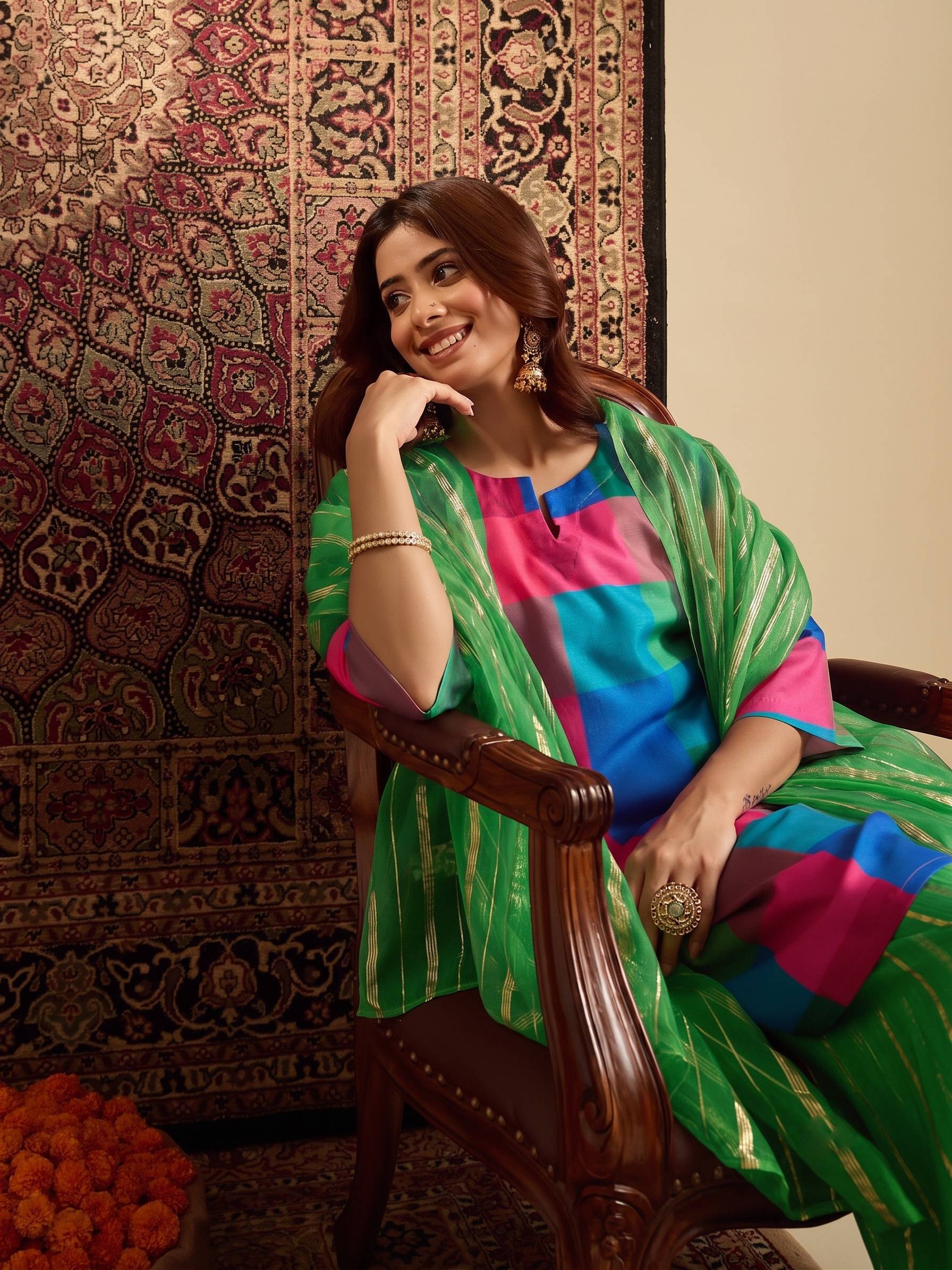 Multi Block Kurta Green Salwar Dupatta Set