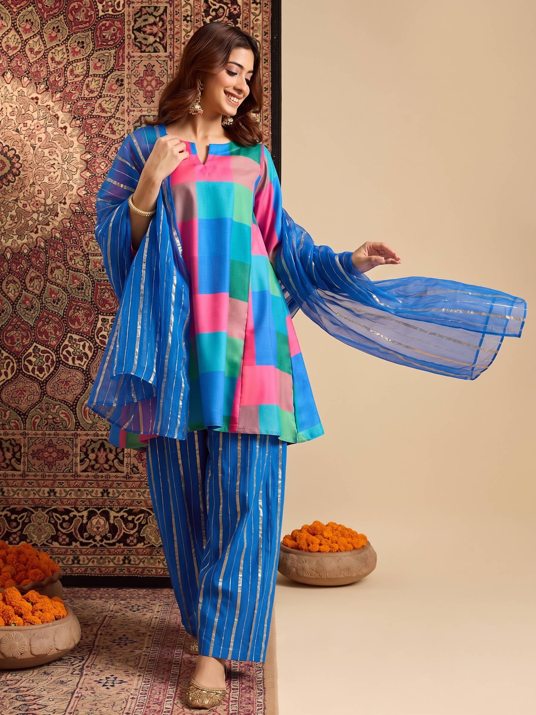 Multi Block Kurta Blue Salwar Dupatta Set