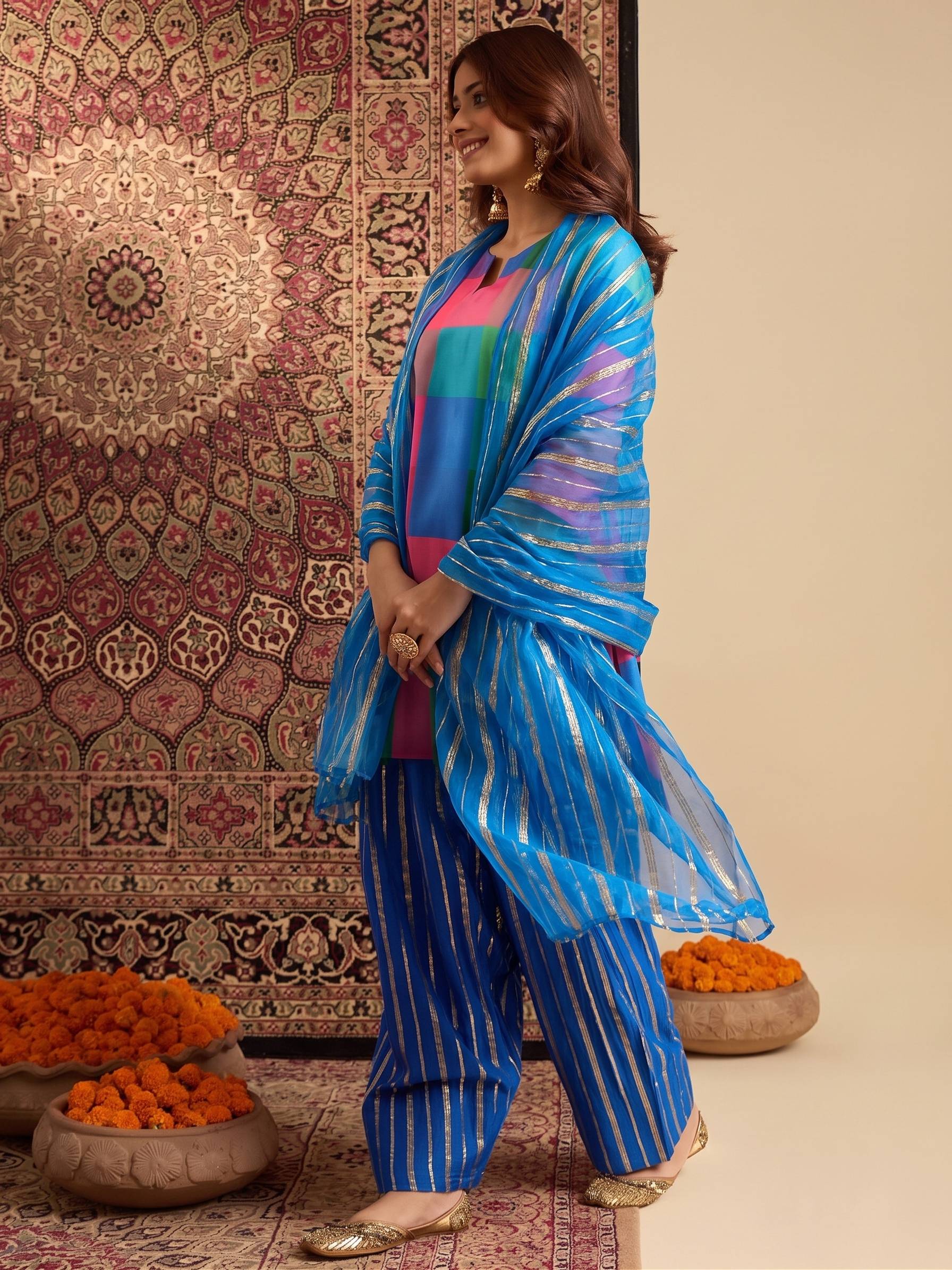 Multi Block Kurta Blue Salwar Dupatta Set