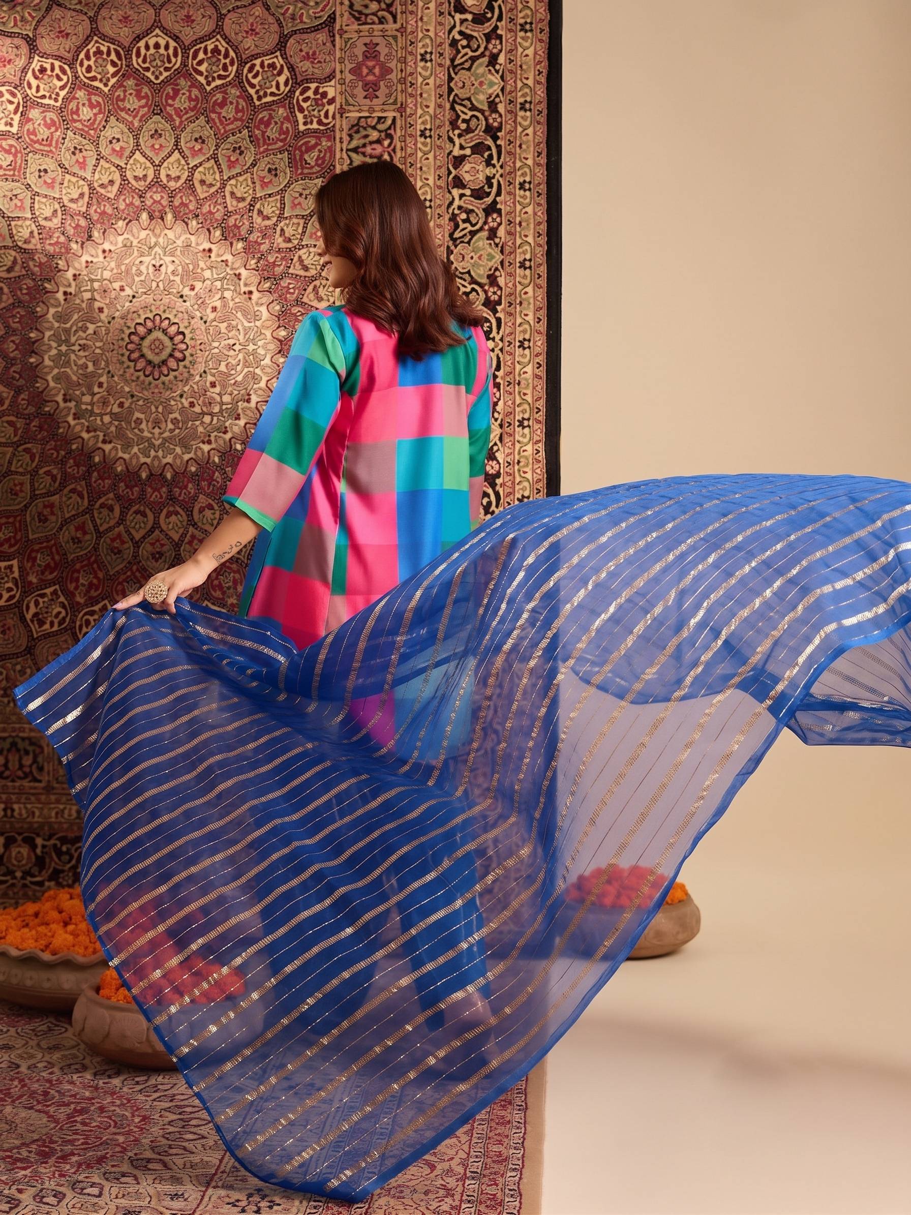 Multi Block Kurta Blue Salwar Dupatta Set